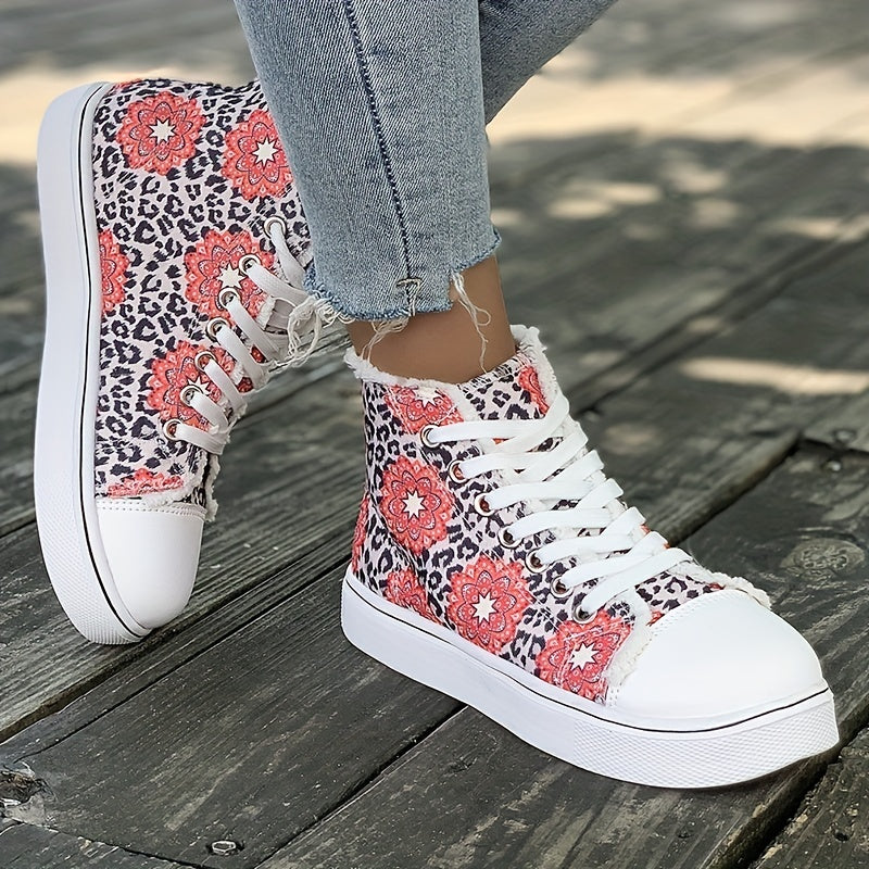 Women's High Top Canvas Sneakers, Floral & Leopard Print Lace Up Skate Shoes, Casual Flat Walking Shoes