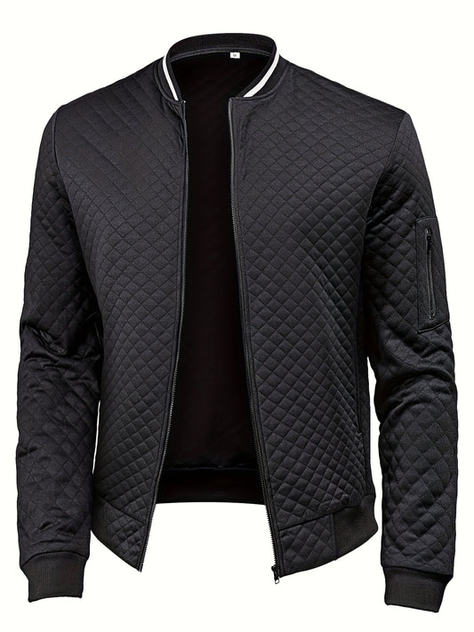 Men's Rhombus Textured Baseball Jacket, Casual Stylish Coat Spring And Autumn Outdoor Clothes