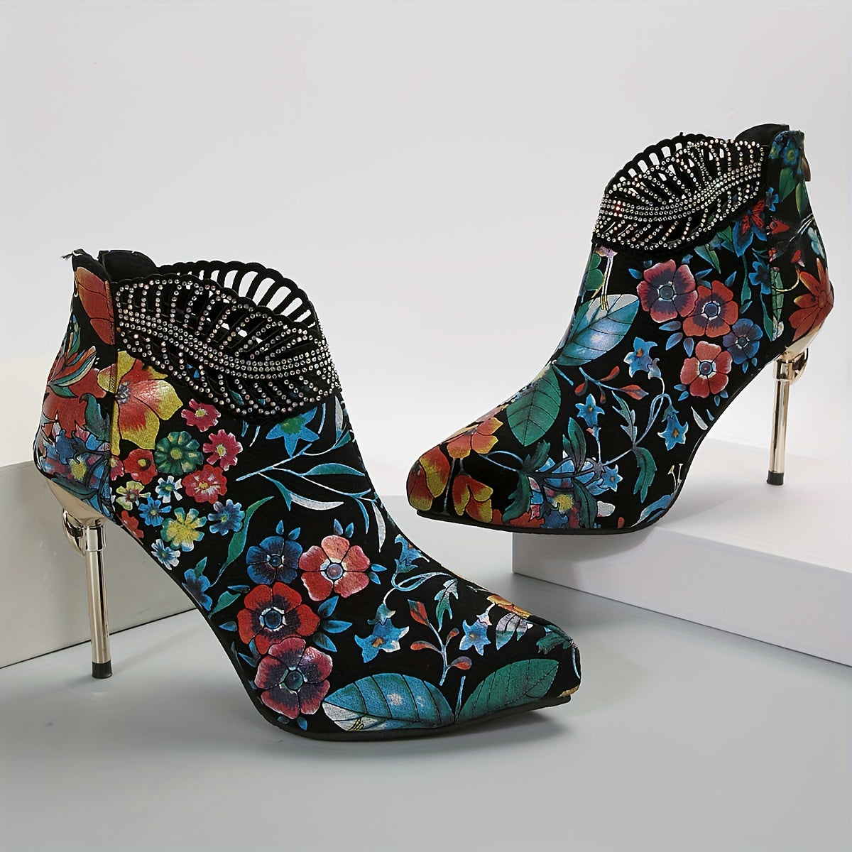 Women's Floral Pattern Platform Boots, Back Zipper Casual Stiletto Rhinestone Decor Shoes, Trendy Point Toe Boots