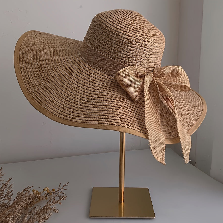 Women's Extra Large Brim Straw Sun Hat, Summer UV Protection Wide Brim Hat with Bowknot, Beach Sunshade Floppy Hat, Elegant Vacation Travel Sun Cap