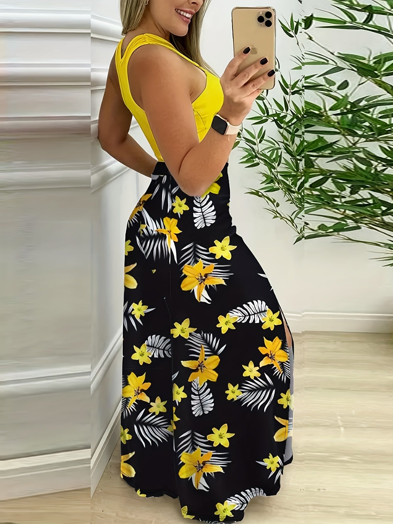 Elegant Slim Summer Two-piece Pants Set, Sleeveless Hollow Crop Top & Floral Print Split High Waist Pants Outfits, Women's Clothing