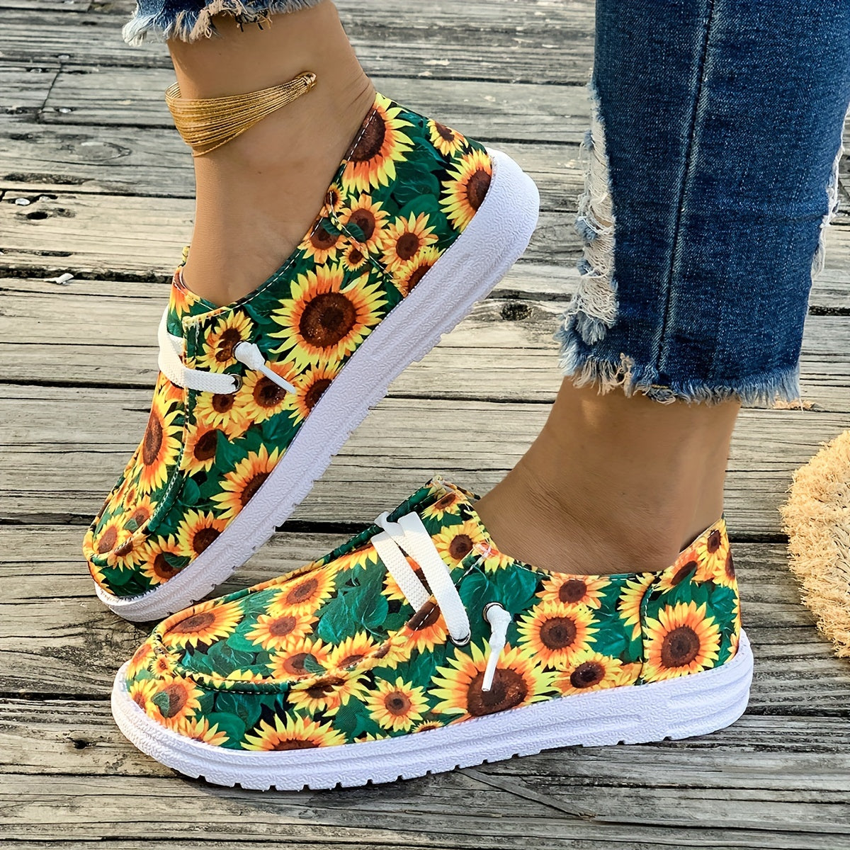 Women's Sunflower Print Sneakers, Comfortable Casual Slip-on Sports Shoes, Breathable Fashion Flat Loafers