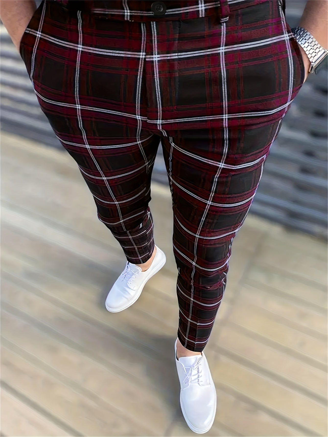 Elegant Plaid Slacks, Men's Casual Stretch Vintage Style Slightly Stretch Dress Pants