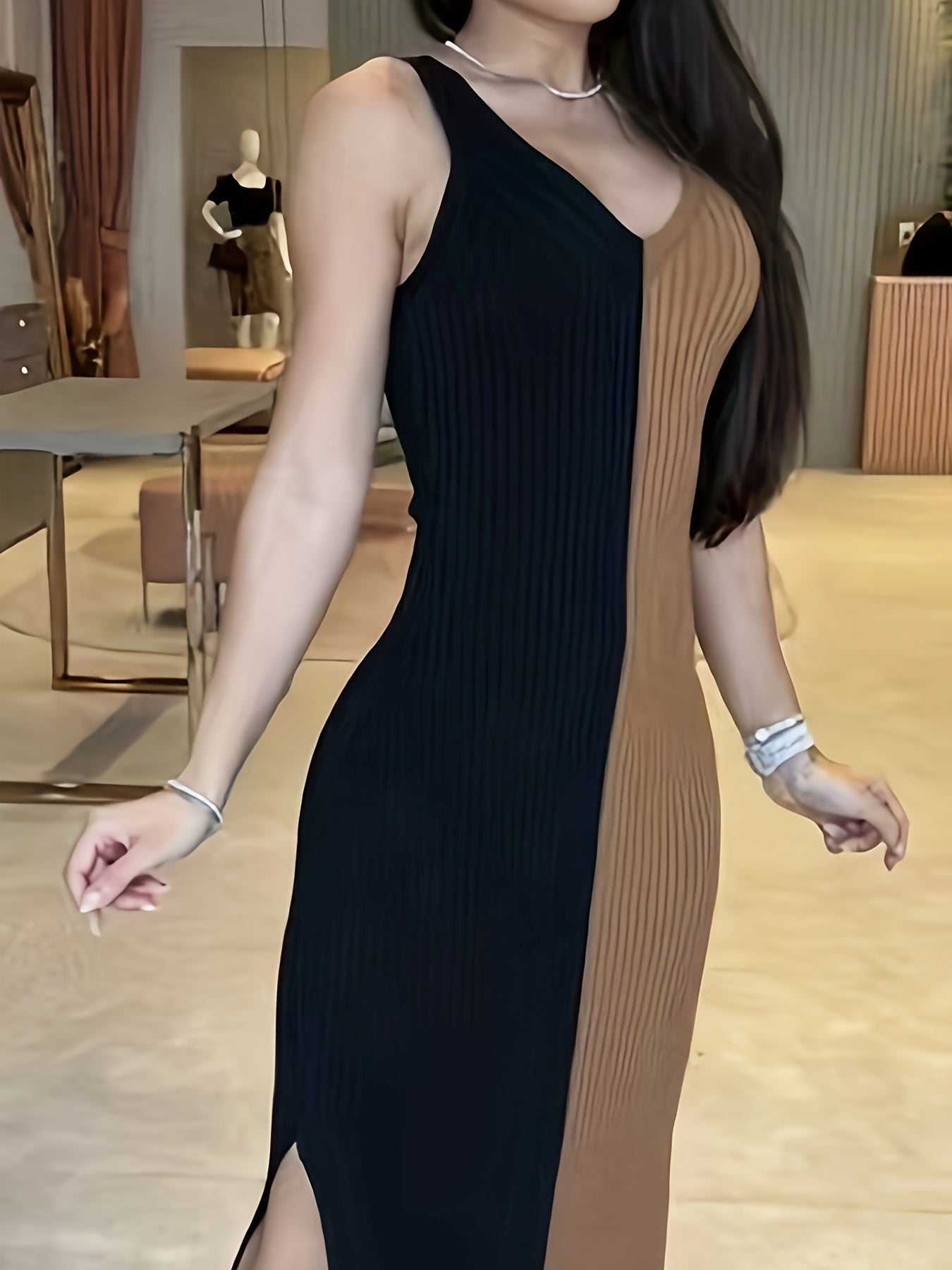 Color Block V Neck Knit Tank Dress, Casual Sleeveless Split Hem Sheath Dress For Spring & Summer, Women's Clothing