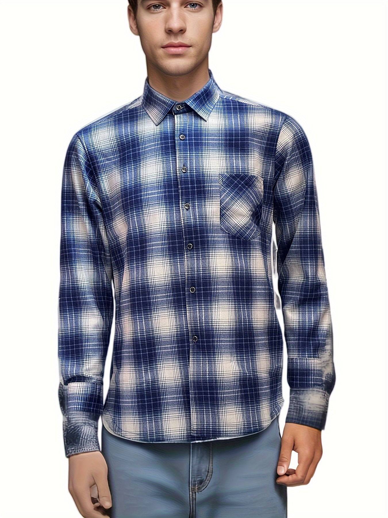 Men's Casual Plaid Long Sleeve Button-Down Shirt - Polyester Lapel Collar with Lining, Slight Stretch, Skinny Fit Woven Fabric for Fall/Winter, Single Breasted, Weekend Casual Style