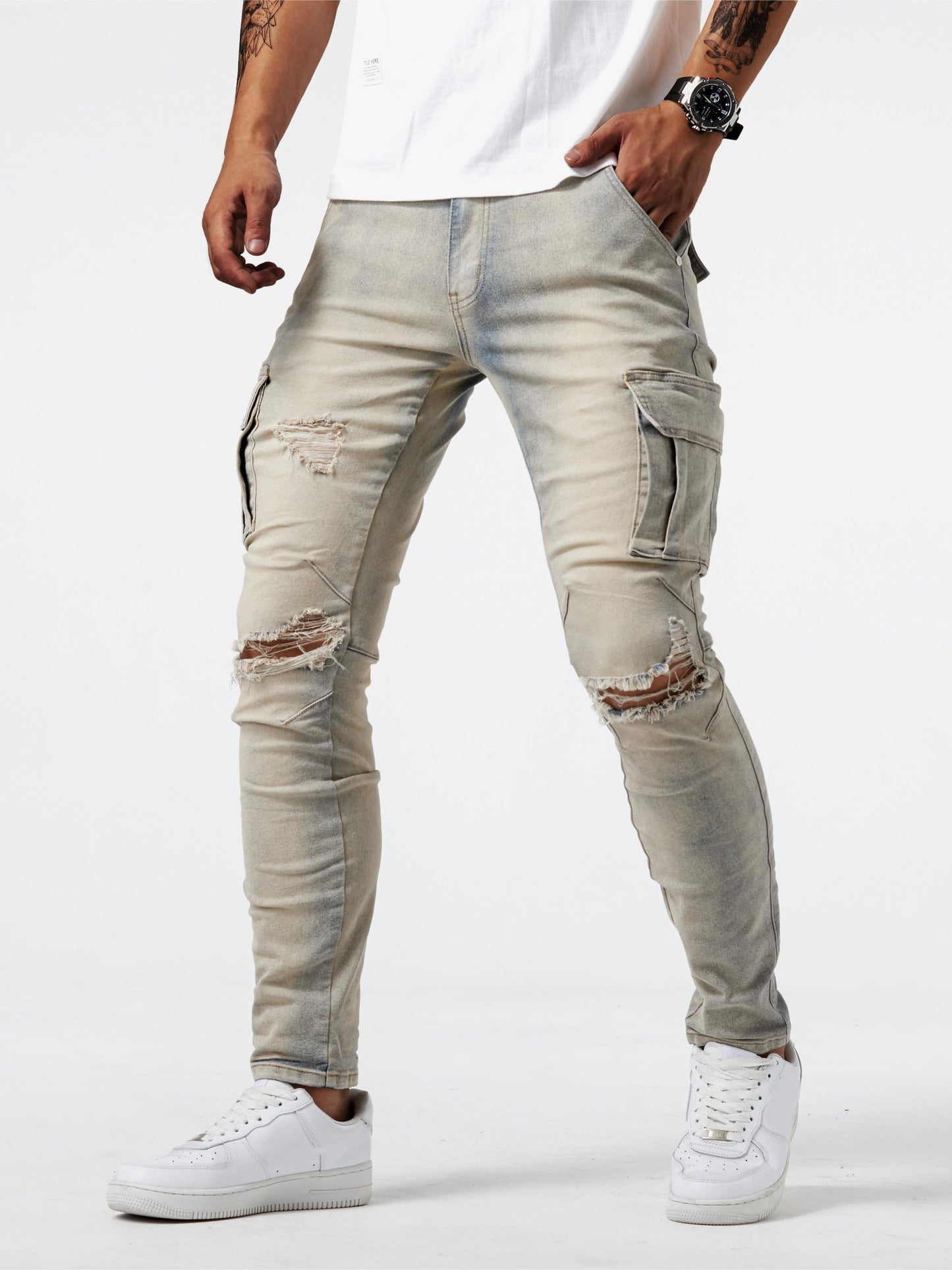 Slim Fit Multi Pocket Jeans, Men's Casual Street Style High Stretch Denim Cargo Pants