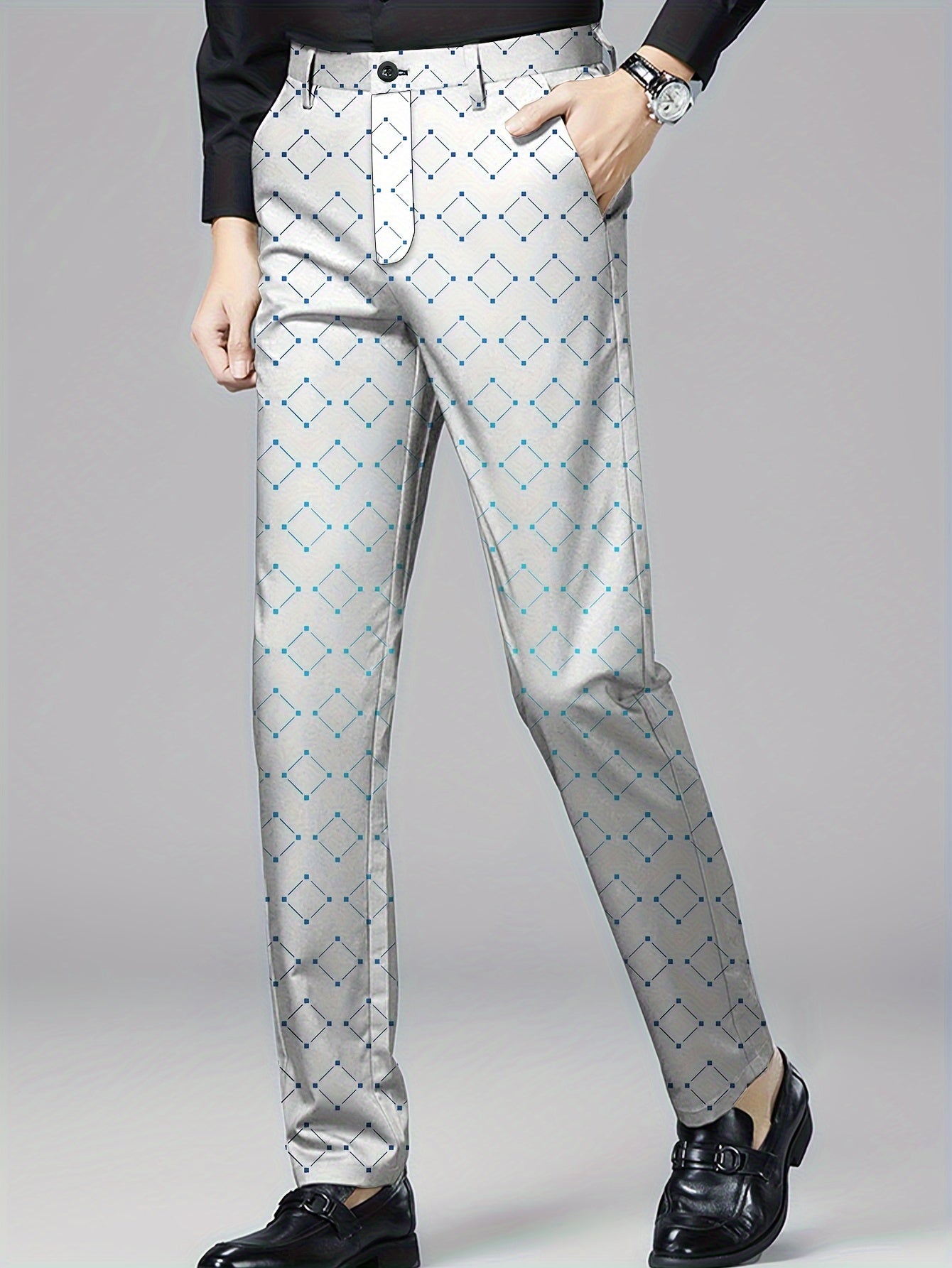 Men's Argyle Graphic Print Suit Pants With Pockets, Dress Pants For Party Wedding Outdoor