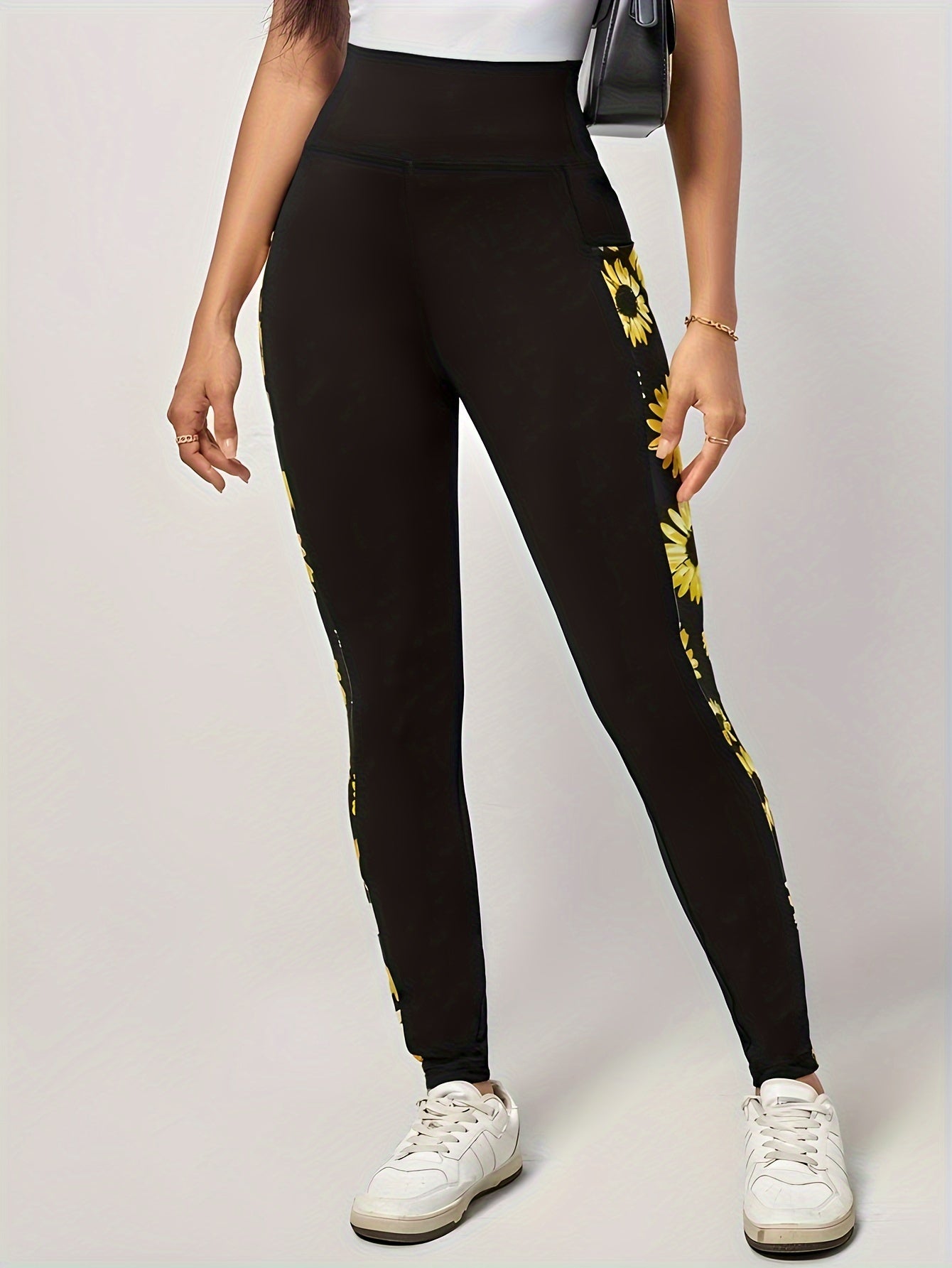 Plus Size Sunflower Print Skinny Leggings, Casual Every Day Stretchy Leggings, Women's Plus Size Clothing