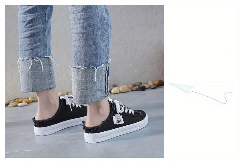 Women's Letter Patched Raw Trim Mules Sneakers, Lace Up Platform Canvas Shoes, Fashion Half Slippers