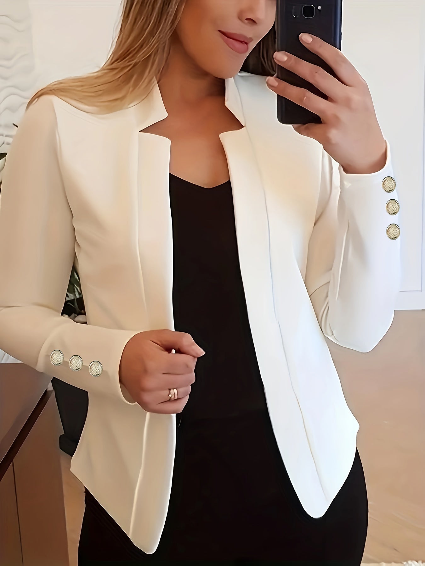 Solid Open Front Button Decor Blazer, Elegant Long Sleeve Blazer For Office & Work, Women's Clothing