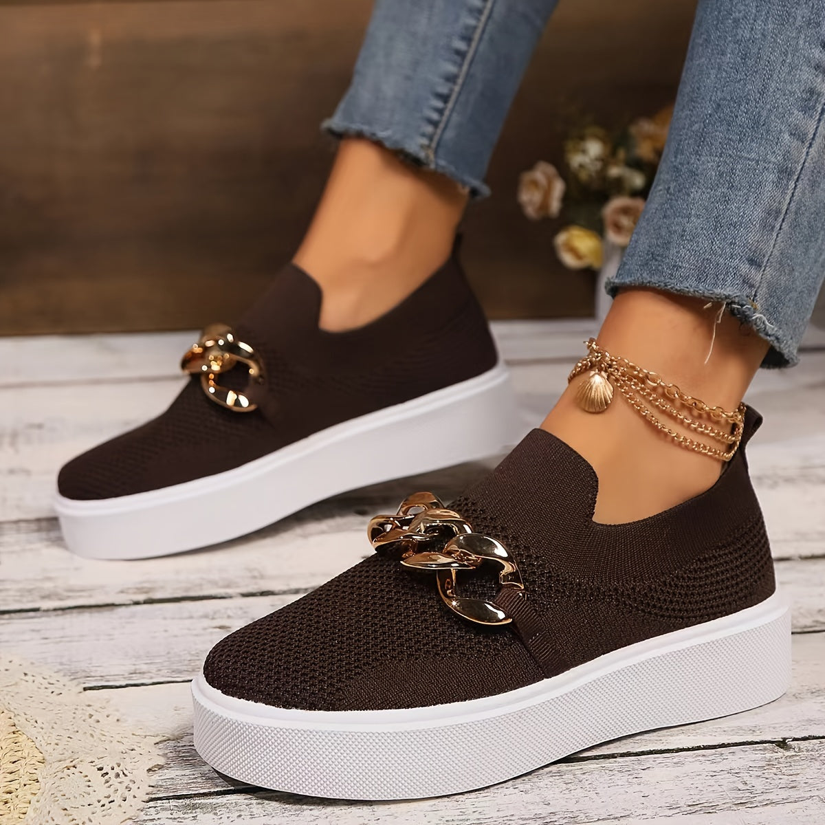 Women's Metallic Chain Sneakers, Slip On Platform Leopard Soft Sole Shoes, Breathable Daily & Sporty Wear