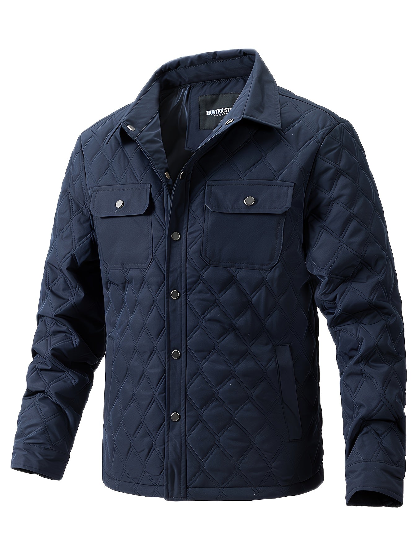 Men's Casual Polyester Quilted Jacket with Stand Collar, Solid Color Long Sleeve Lightweight Hiking Outdoor Jacket with Pockets, Tear-Resistant Washable Fall/Winter Outerwear