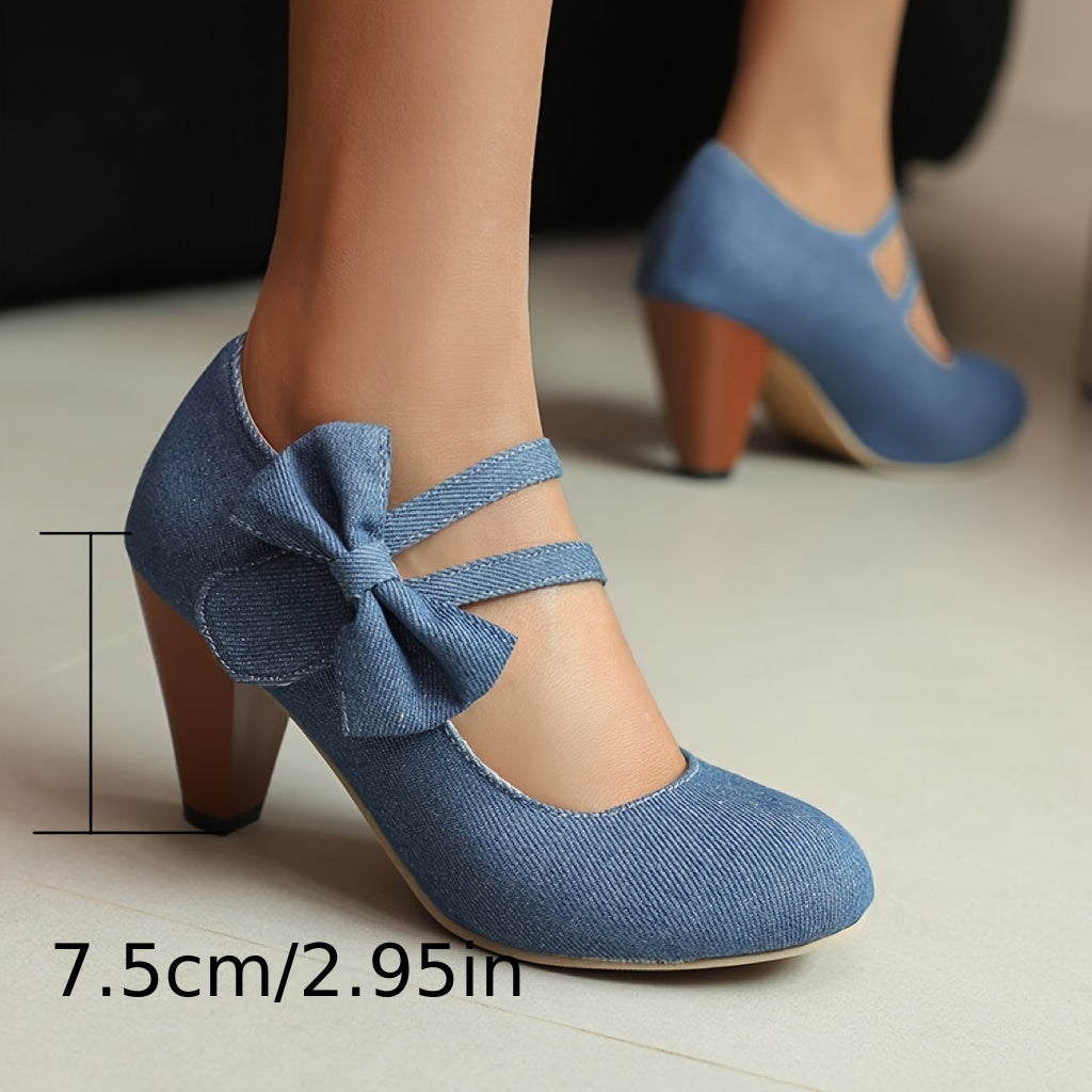 Women's Fashion Denim Mary Jane Kitten Heels with Bowknot, Round Toe High Heels for Dress, Party, Banquet, Festival