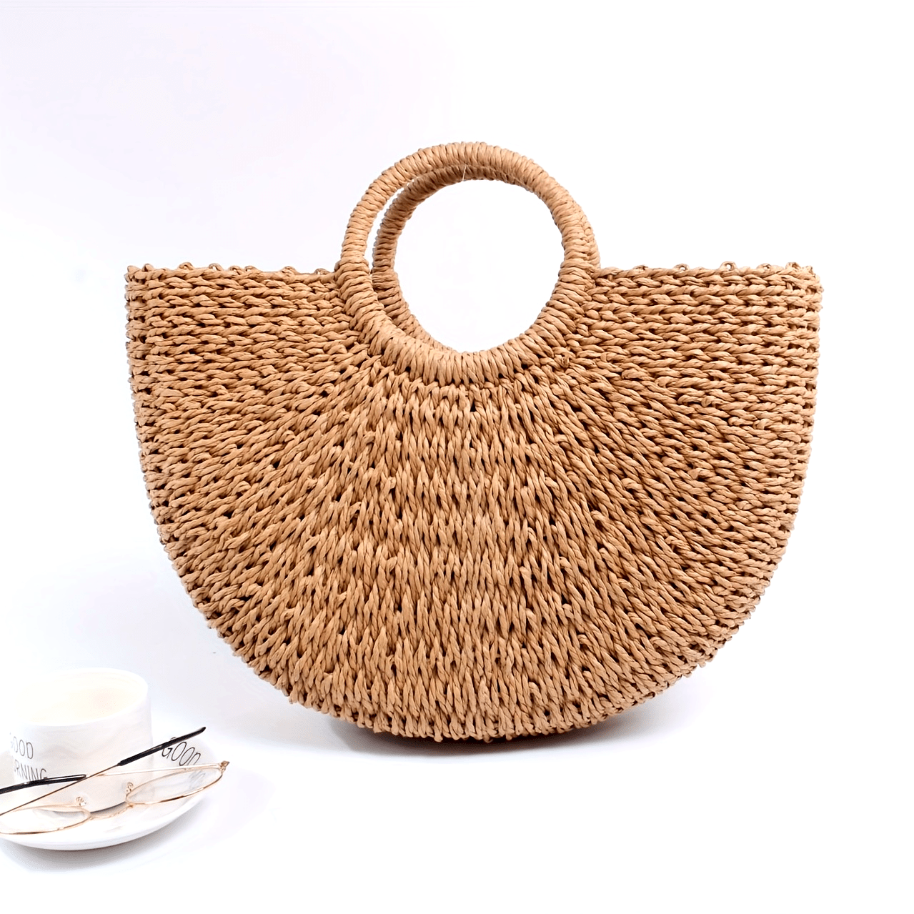 Vintage Straw Woven Handbags, Boho Style Crossbody Bag, Half Round Summer Beach Bag