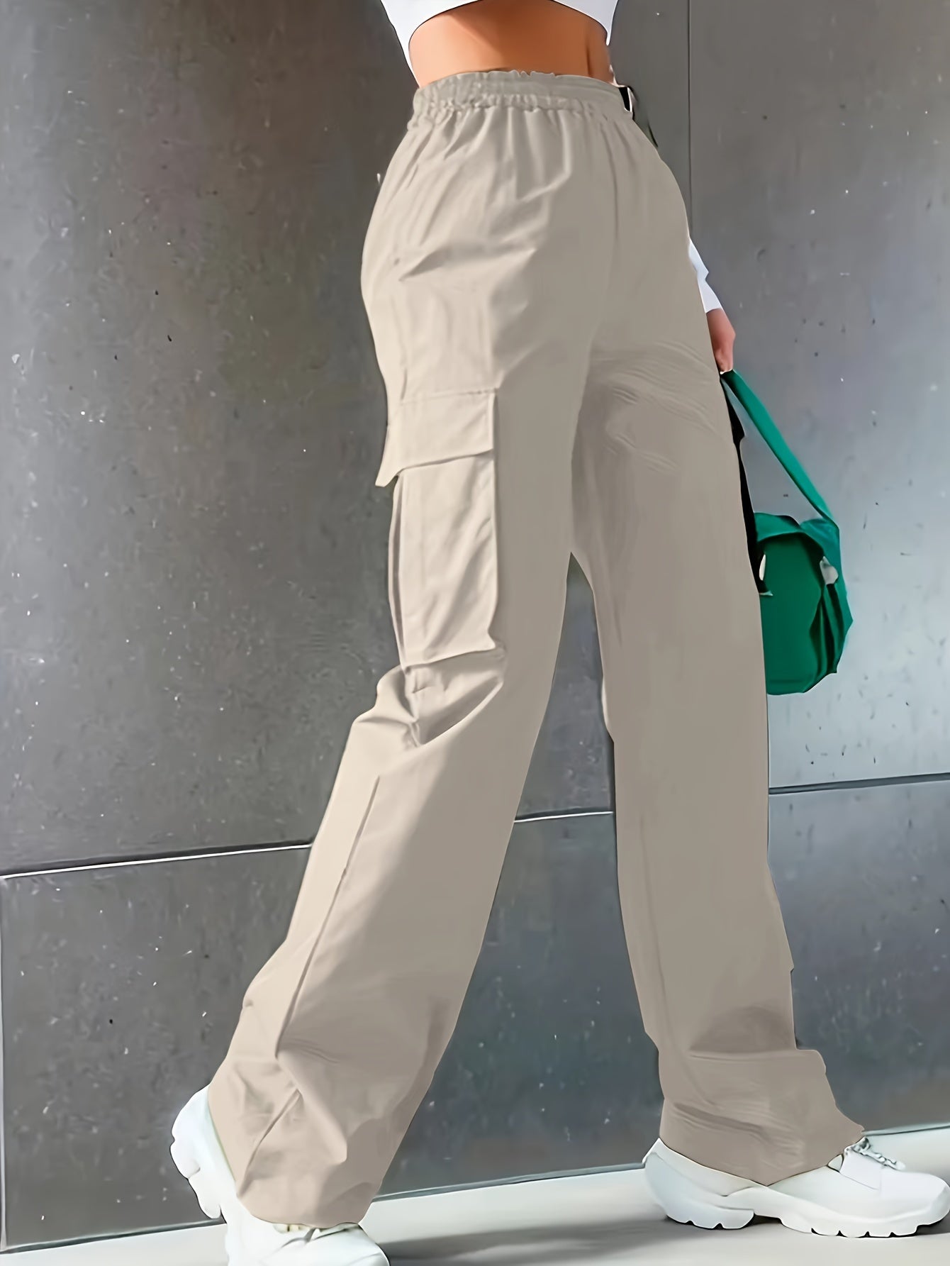 Solid Color Cargo Pants 2 Packs, Casual Elastic Waist Wide Leg Flap Pockets Pants, Women's Clothing