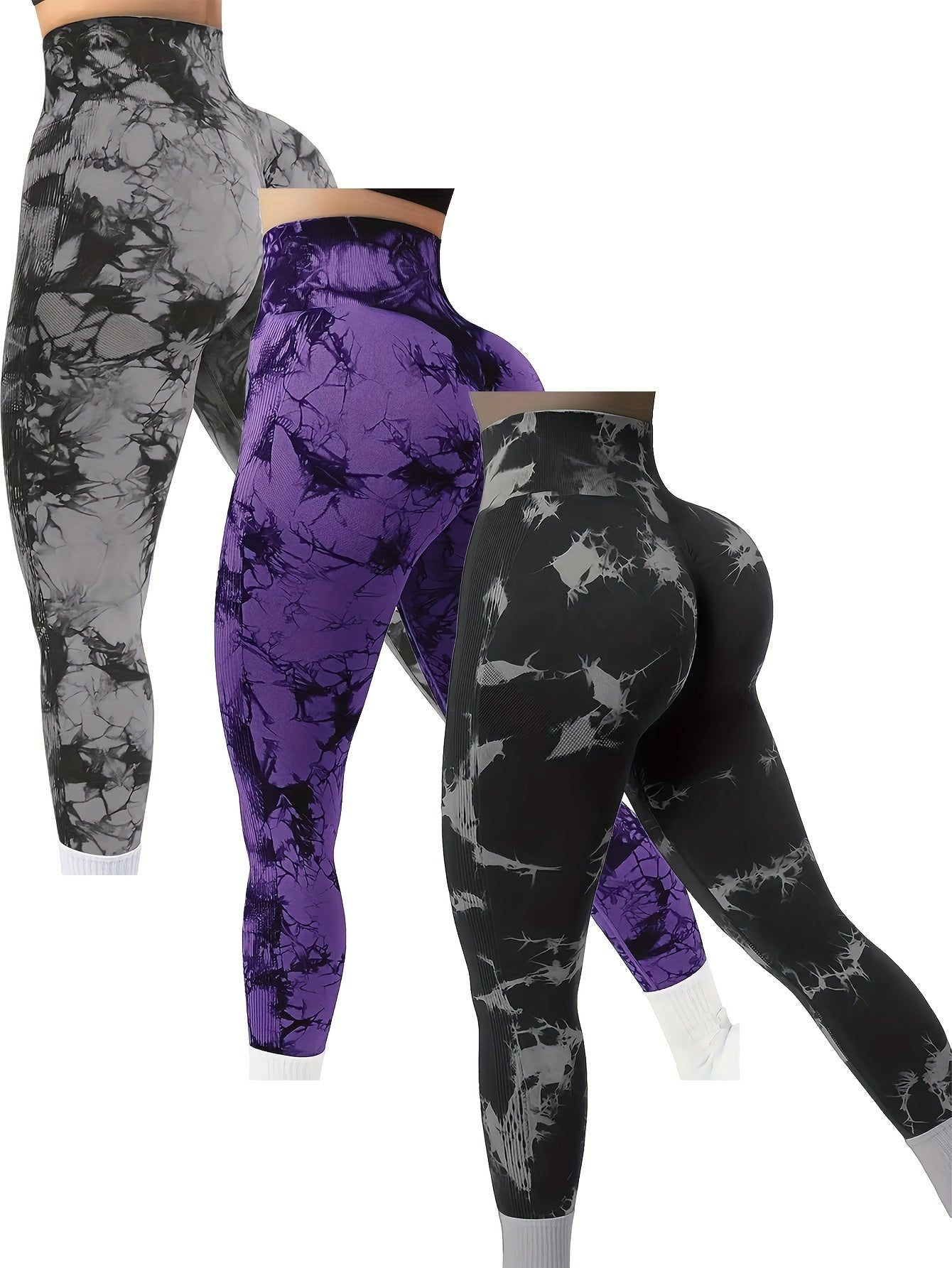 3pcs Tie Dye High Waist Sports Leggings, Running Workout Fitness Yoga Tight Pants, Women's Leggings