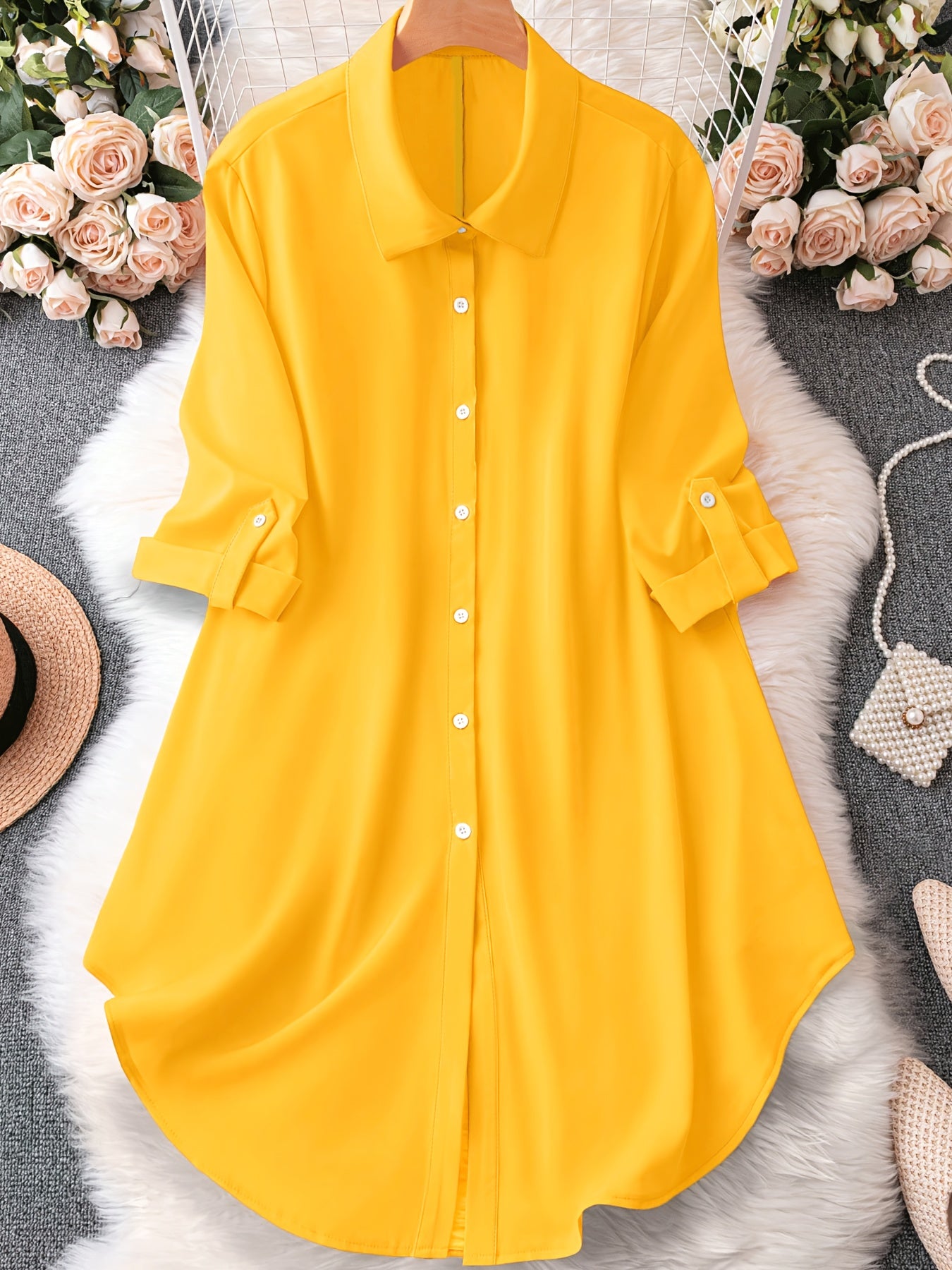 Plus Size Button Front Collared Loose Dress, Casual Long Sleeve Dress For Spring & Fall, Women's Plus Size Clothing