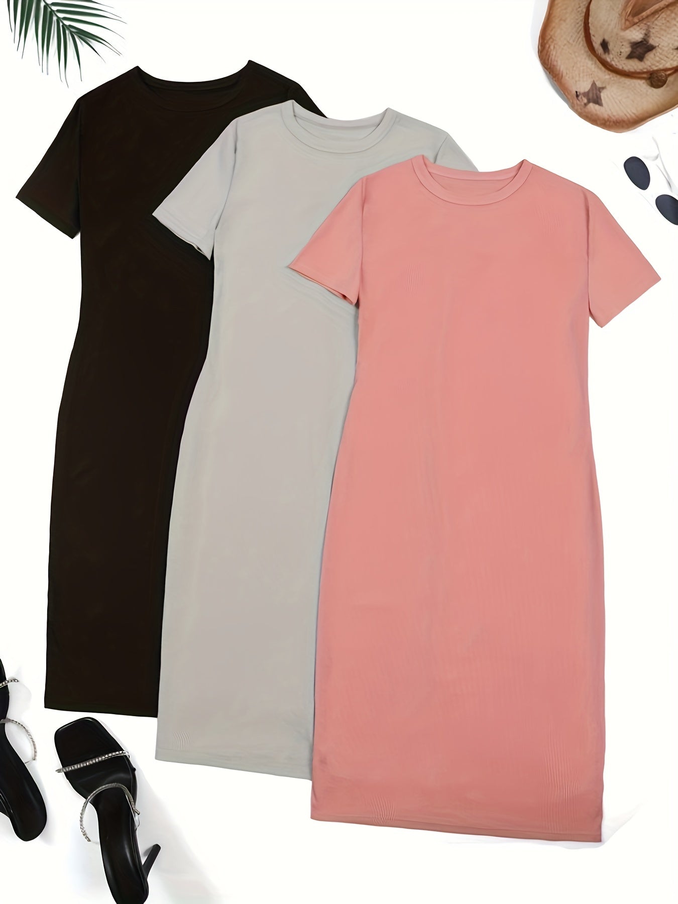 Simple T-shirt Dress 3 Pack, Casual Crew Neck Short Sleeve Dress, Women's Clothing