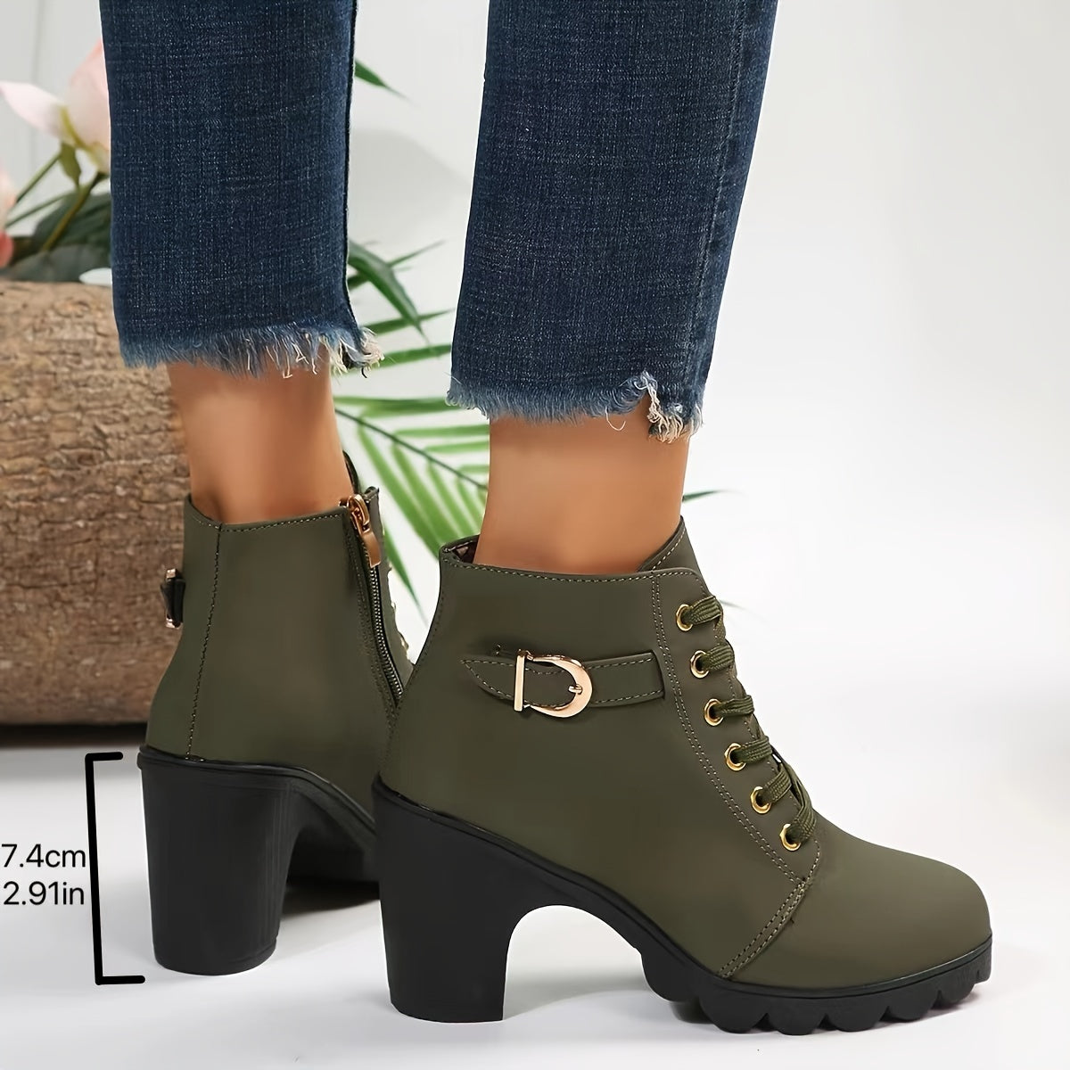 Women's Chunky Heel Short Boots, Fashion Lace Up Side Zipper Boots, Comfortable Ankle Boots