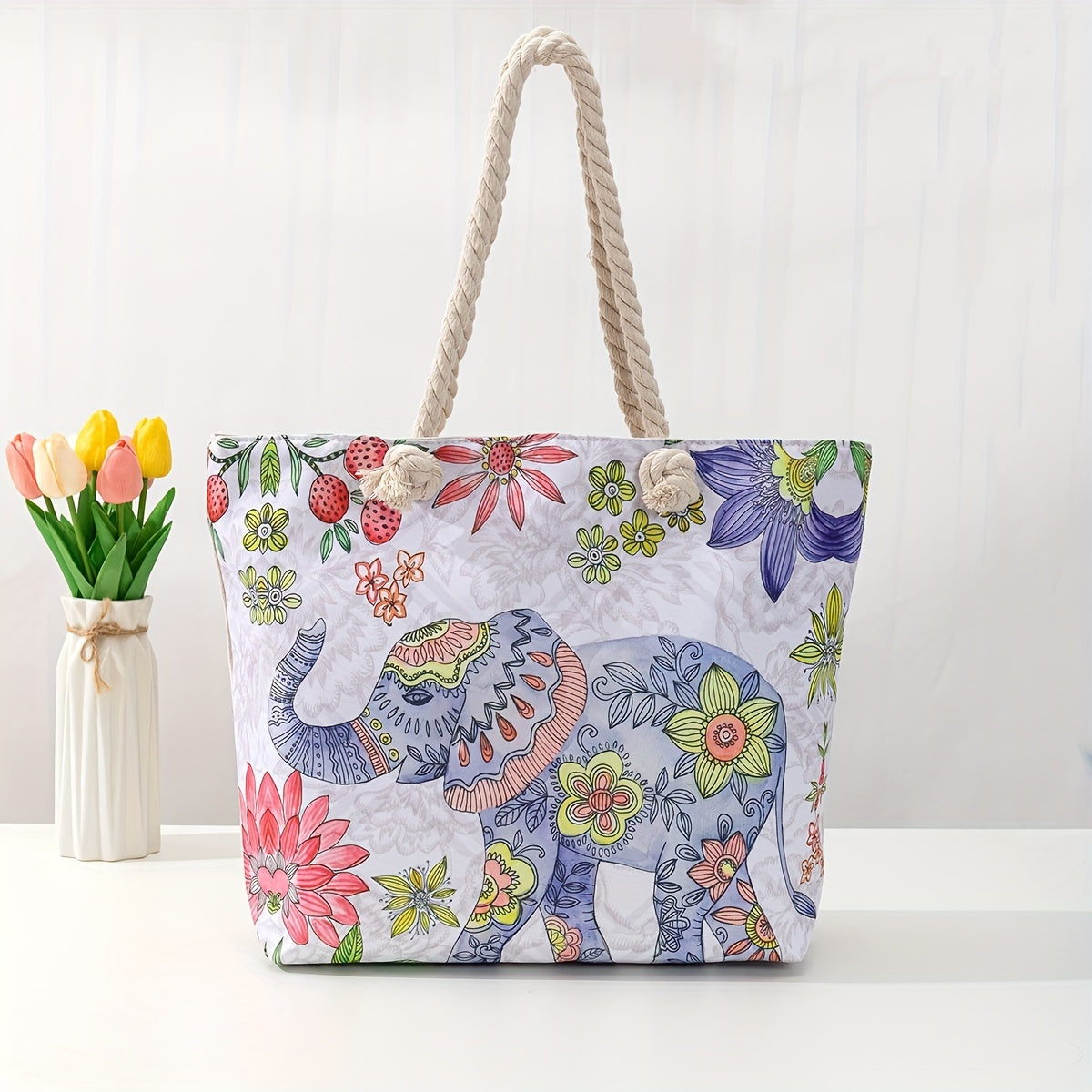 Ethnic Style Large Capacity Canvas Tote Bag with Flower & Elephant Print - Perfect for Everyday Use!