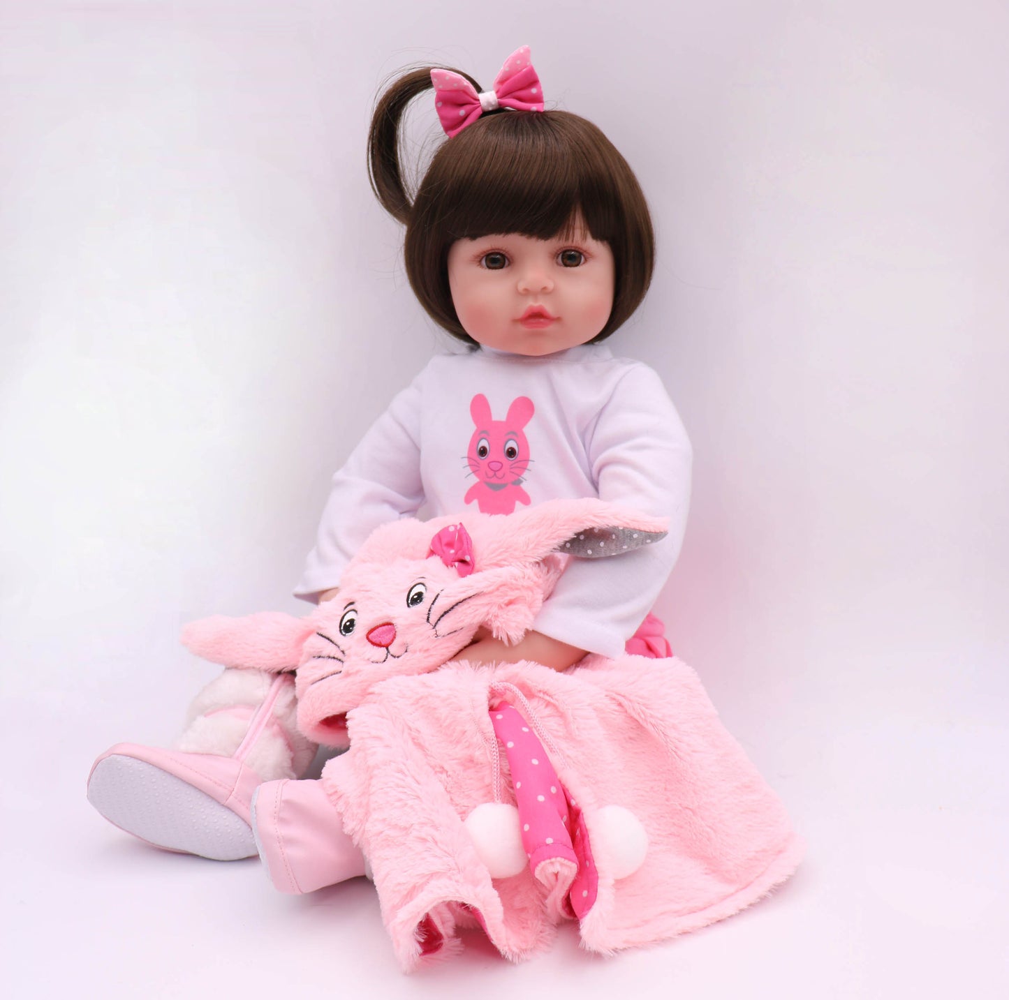 Adorable 19 Soft Vinyl Reborn Baby Doll with Glued Hairwig and Pink Rabbit Outfit, Halloween/Thanksgiving Day/Christmas Gift Carnival Easter Gift