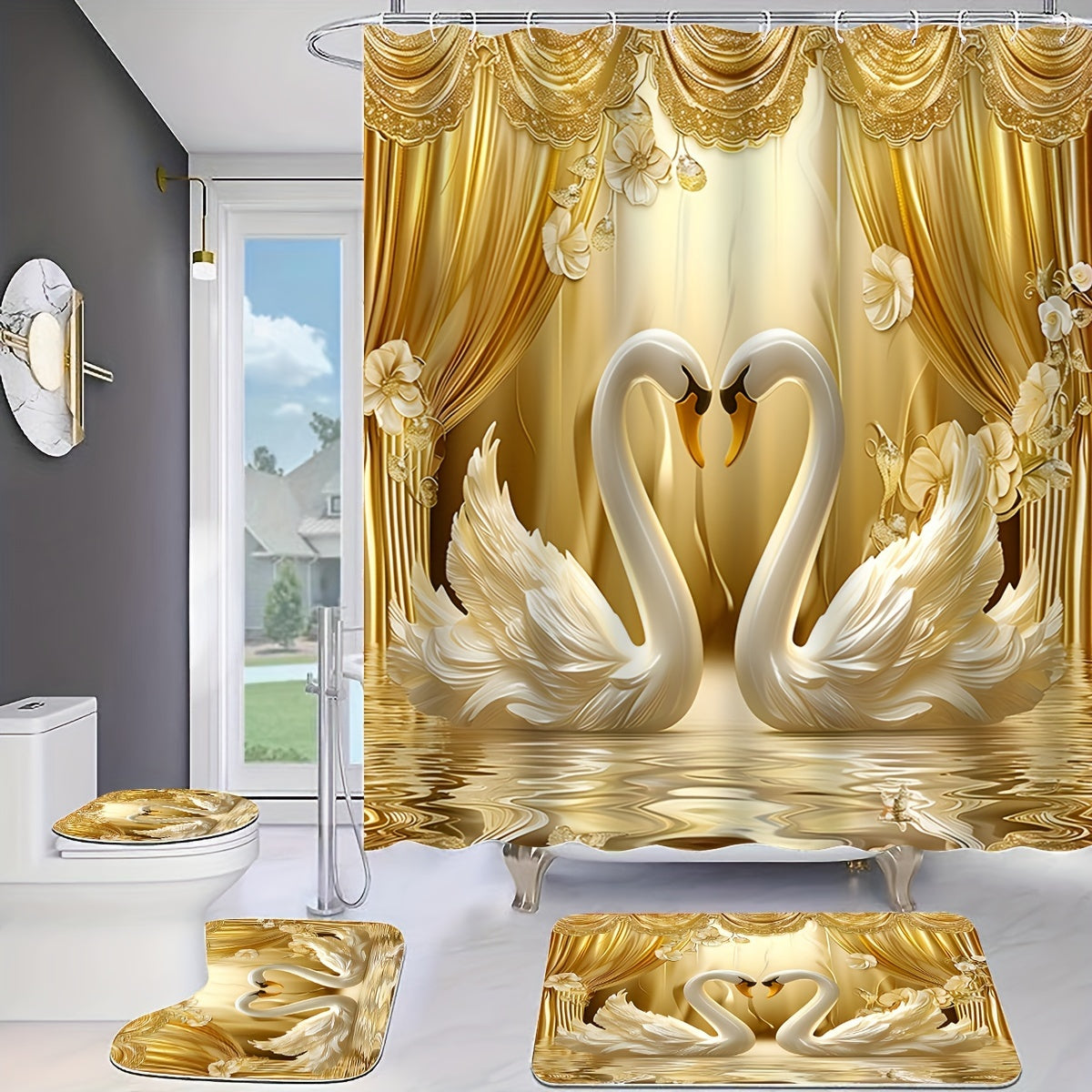 Luxurious Golden 3D Swans Print Bathroom Set: Includes 12 Free Hooks, Waterproof Curtain, Non-Slip Mat, Toilet Seat Cover, And Bath Rug - Perfect for Valentine'S Day Or Year-Round Romance