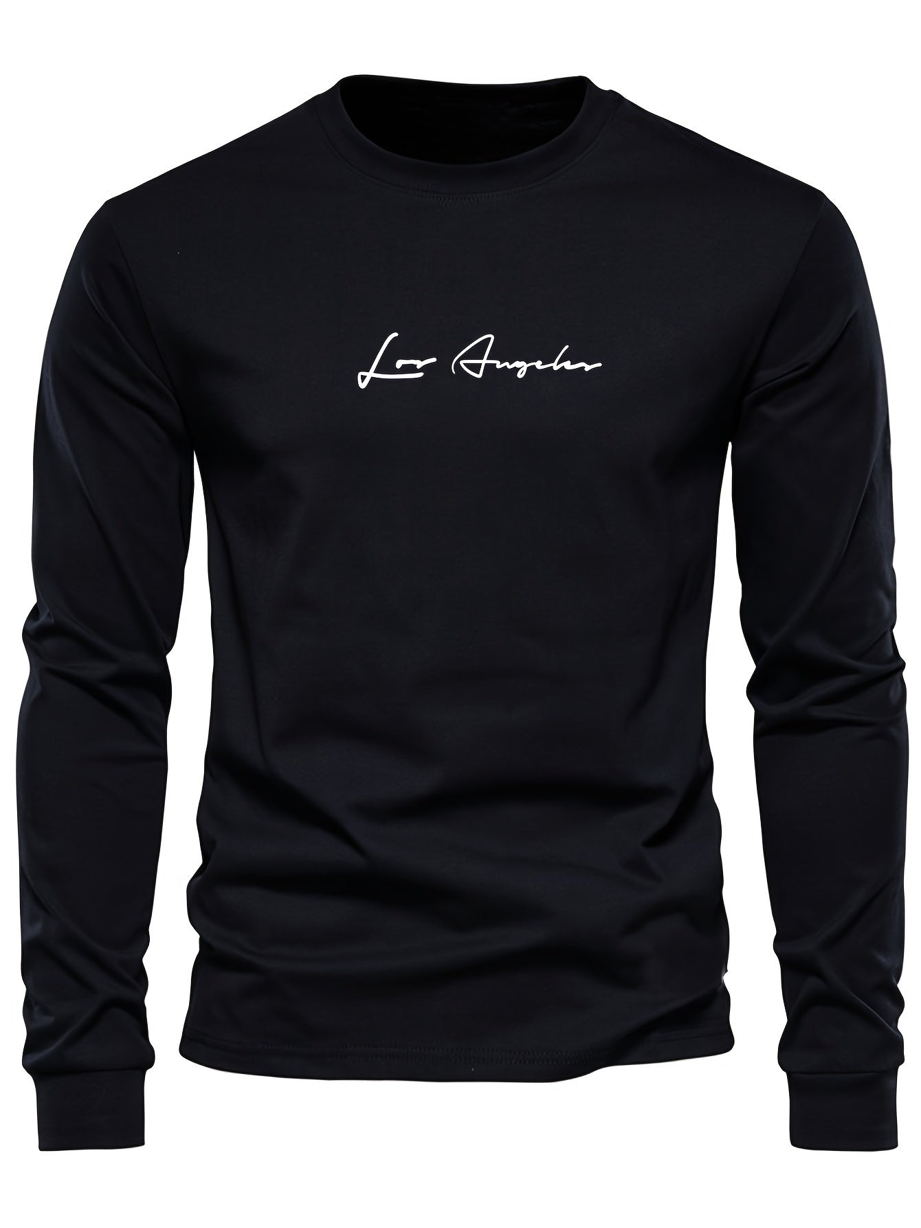 Los Angeles Script Print Casual Sports Long Sleeve T-Shirt, Polyester Blend (95% Polyester, 5% Spandex), Crew Neck, Medium Stretch Knit, Regular Fit - L'Heurystic Collection