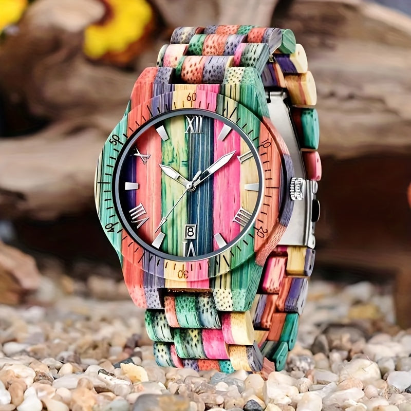 Handcrafted Multi-Colored Bamboo Wrist Watch for Men | Round Quartz Movement | Non-Waterproof with Date Feature | Unique Personalized Gift for Father or Son | Party Style with Luminous Hands and Folding Clasp