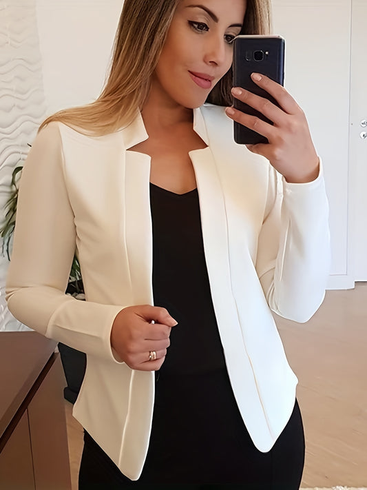 Solid Open Front Blazer, Elegant Long Sleeve Work Office Outerwear, Women's Clothing