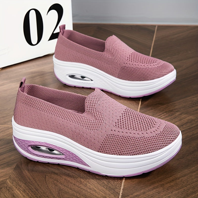 Women's Solid Color Casual Sneakers, Soft Sole Platform Air Cushion Walking Shoes, Low-top Breathable Shoes