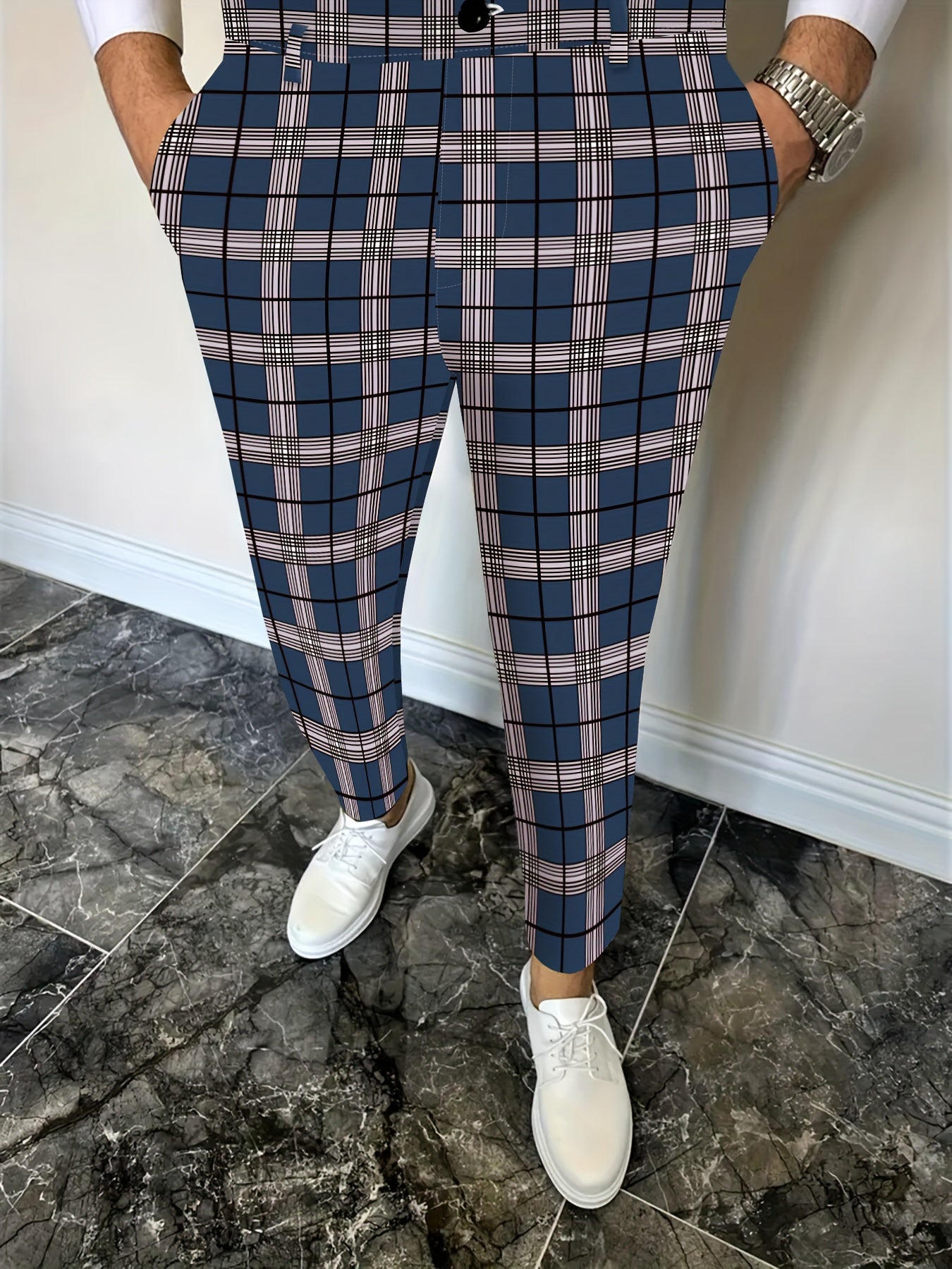 Men's Vintage Fashion, Plaid Pattern Slim Fit Cuffed And Knit Dress Pants, Mid Stretch Trousers For Business, Formal Party And Casual Wear