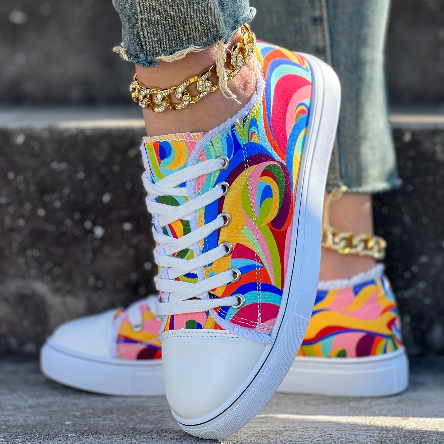 Women's Rainbow Print Sneakers, Lace Up Lightweight Walking Skate Shoes, Low-top Comfort Canvas Shoes