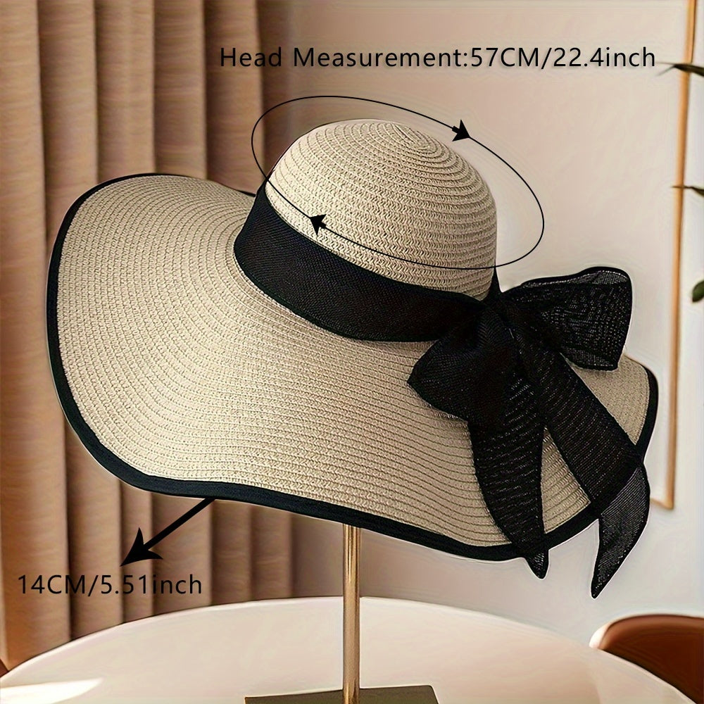 Elegant Wide Brim Straw Sun Hat with Bow - UV Protection, Breathable Summer Beach Cap for Women