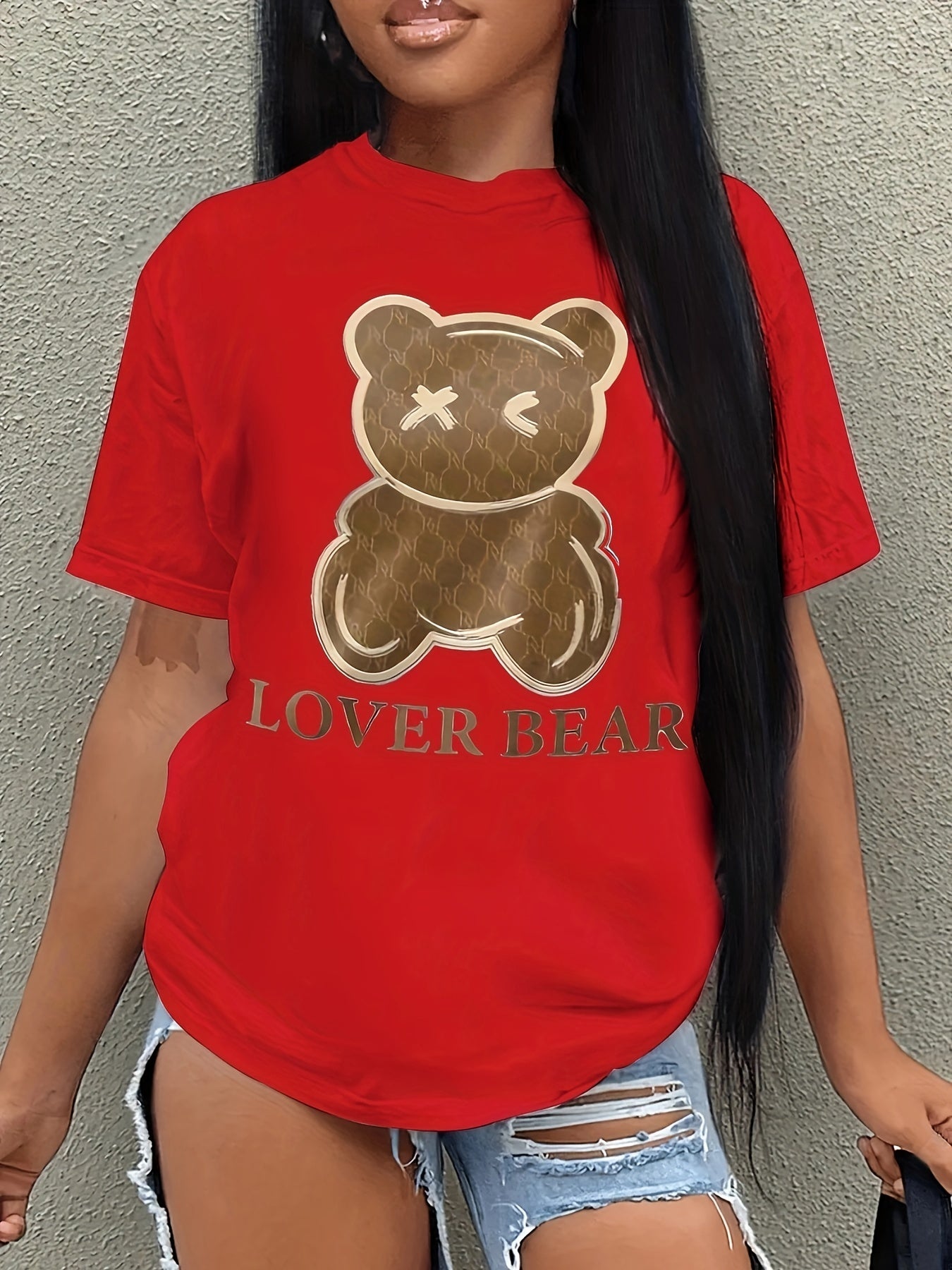 Lover Bear Print T-Shirt, Short Sleeve Crew Neck Casual Top For Summer & Spring, Women's Clothing