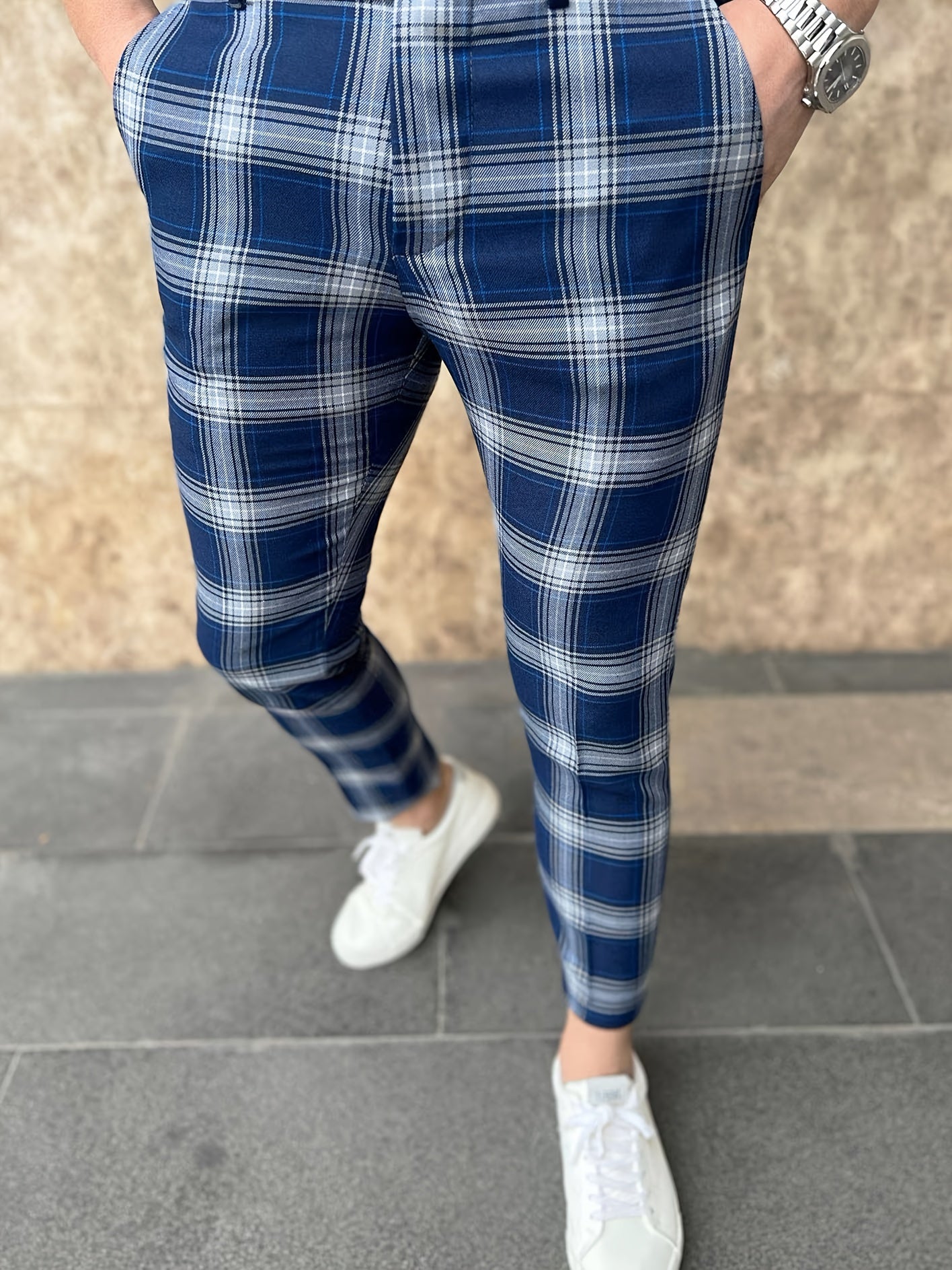 Men's Casual Plaid Print Dress Pants, Slim Fit Fashion Style Trousers, Business Casual Office Wear