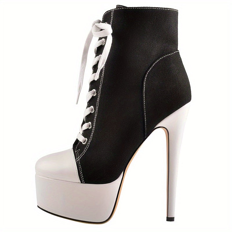 Women's Platform Canvas High Heels, Round Toe Lace Up Sneaker Boots, Casual Stiletto Heels