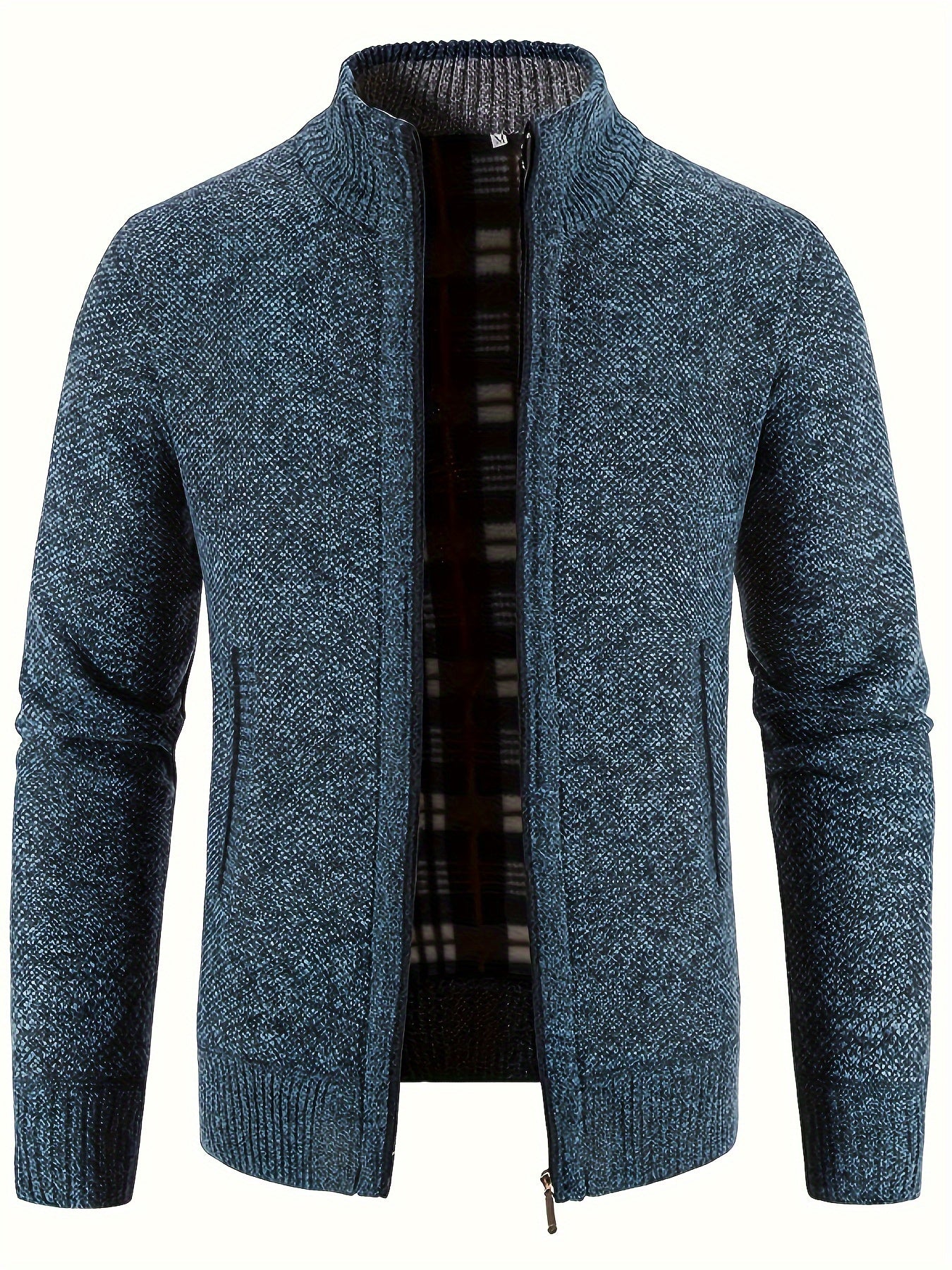 Warm Stand Collar Jacket, Men's Casual Comfortable Zip Up Zipper Pockets Knitted Cardigan For Fall Winter