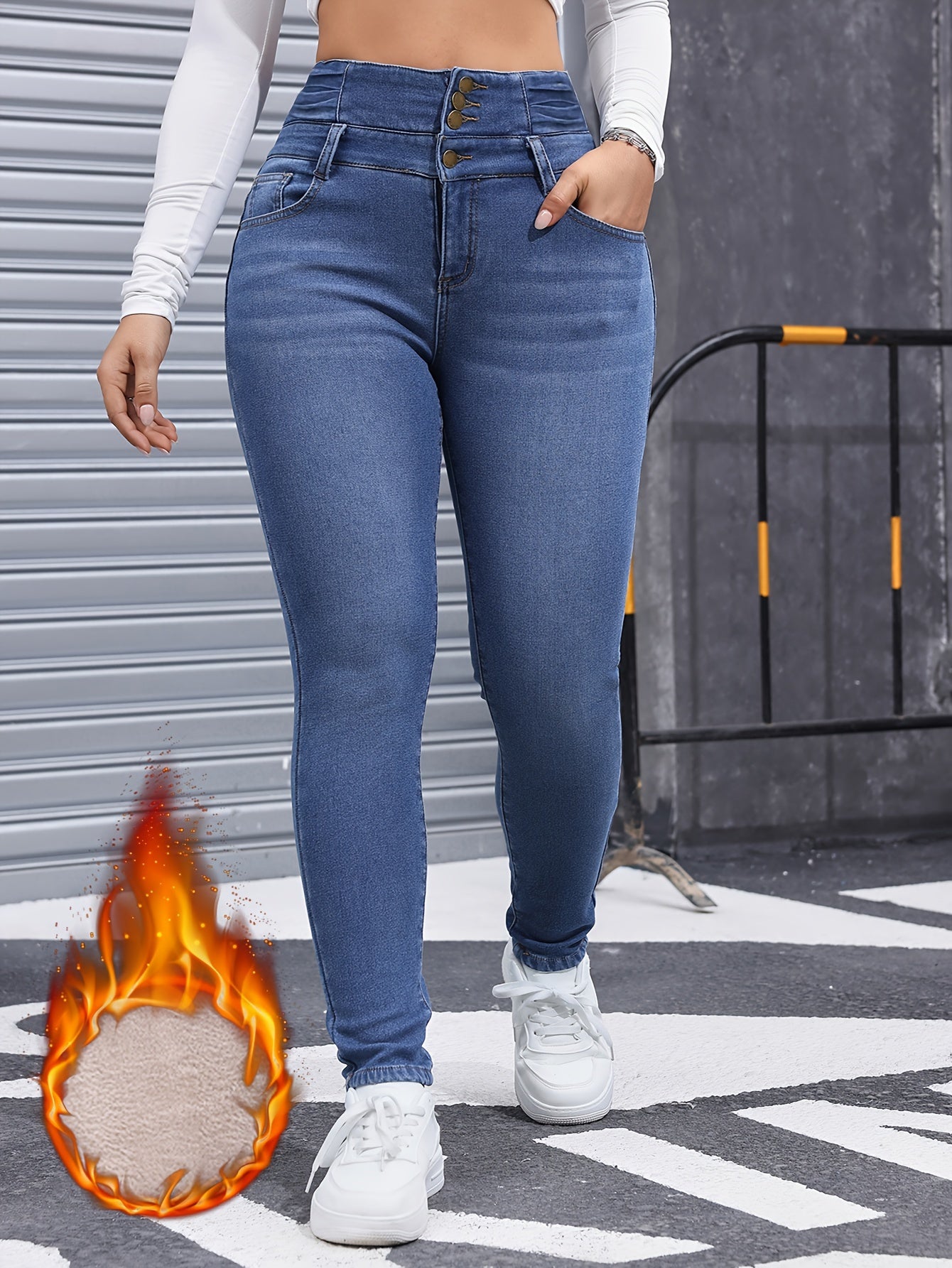 Single-breasted Skinny Fit Plush Lined Washed Blue Casual Style Thickened Denim Pants For Winter, Women's Denim Jeans & Clothing