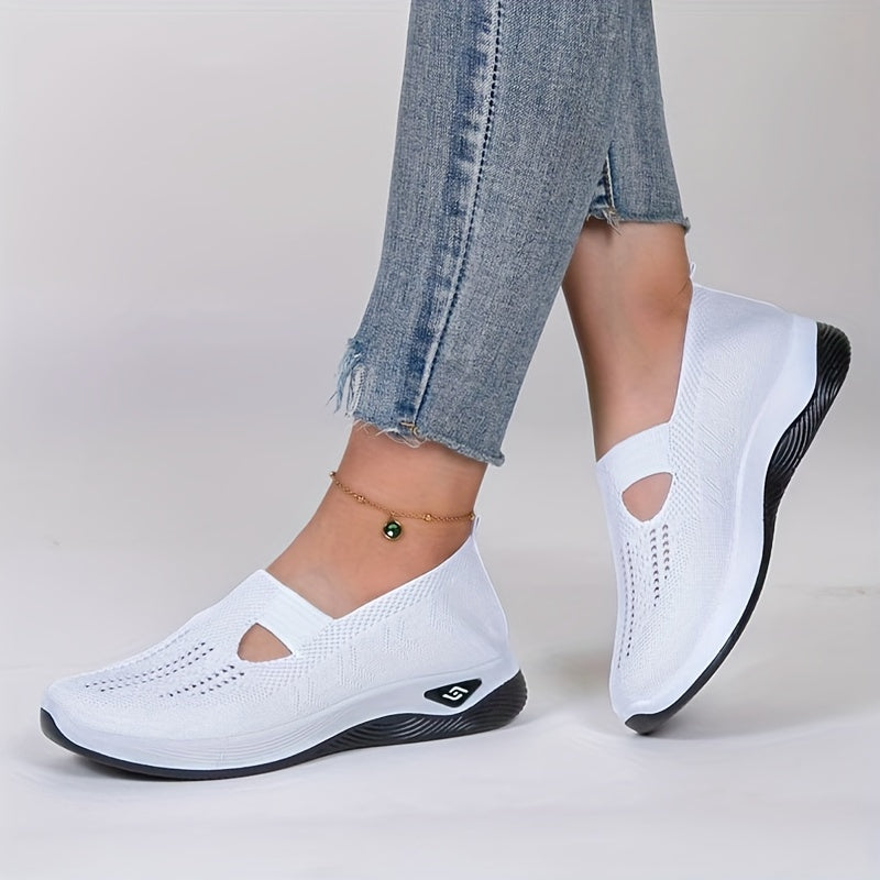 Womens Lightweight Knit Cut-out Sneakers - Ultra-Casual, Exceptionally Breathable Sports sole, Easy Slip-On Shoes with Super Lightweight Construction and Flat Heel for Comfort - Perfect for Outdoor Walking and Casual Strolls