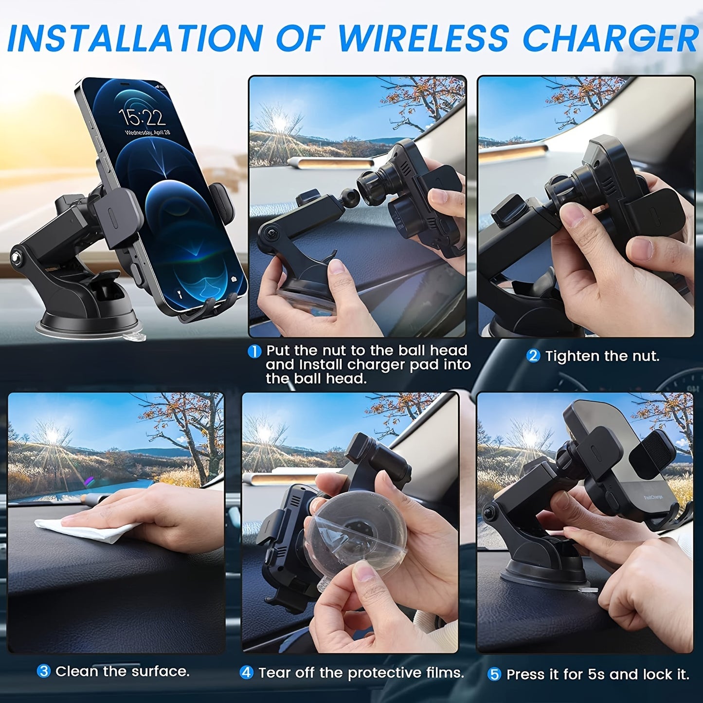 Wireless Car Charger, 15W Fast Charging Auto Clamping Car Charger Phone Mount Phone Holder Fit For IPhone 14/13/12/11 Pro/Max/Xs, For Samsung Galaxy S23