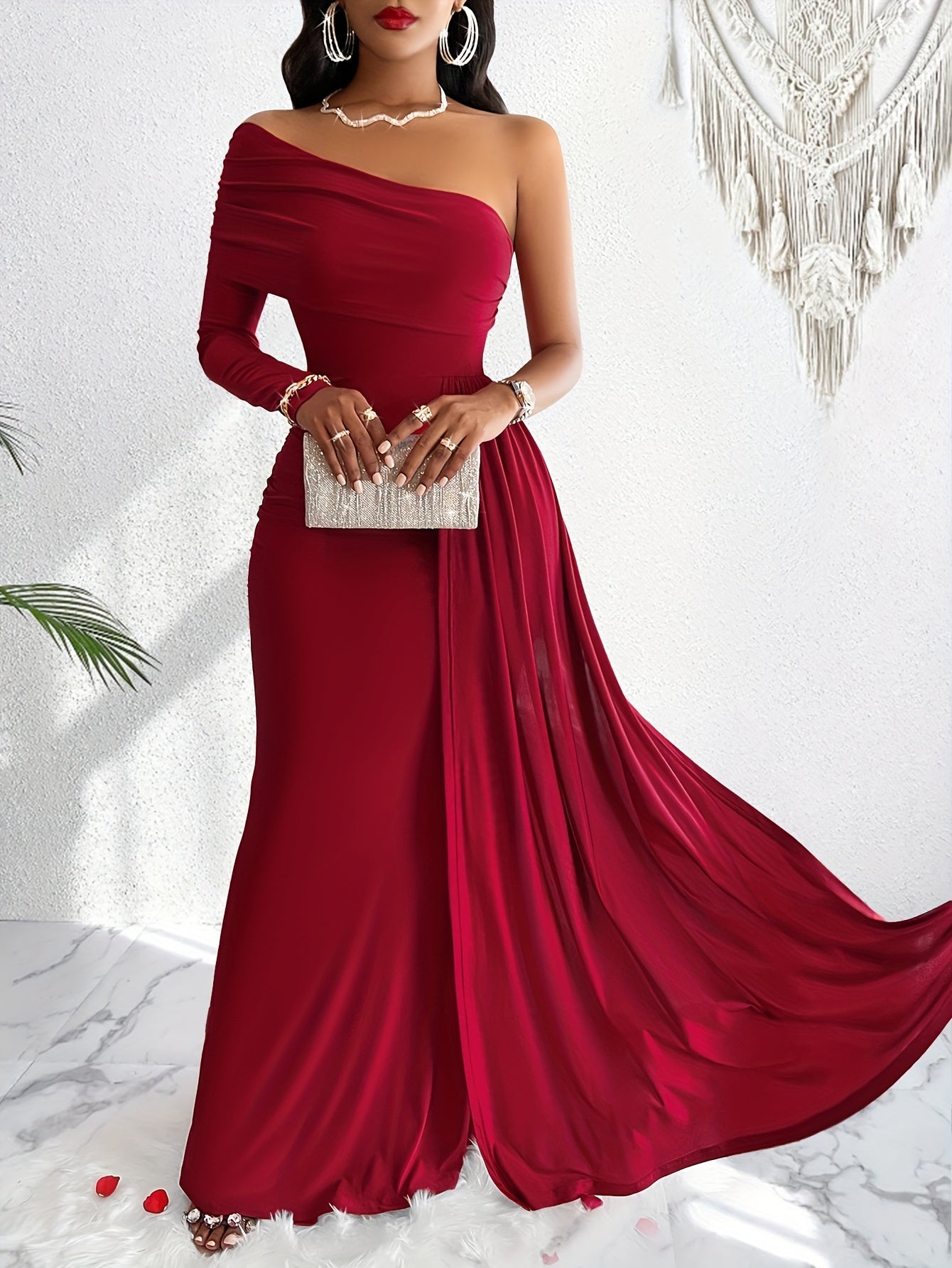 One Shoulder Asymmetrical Flowy Dress, Elegant Ruched Maxi Dress For Party & Banquet, Women's Clothing