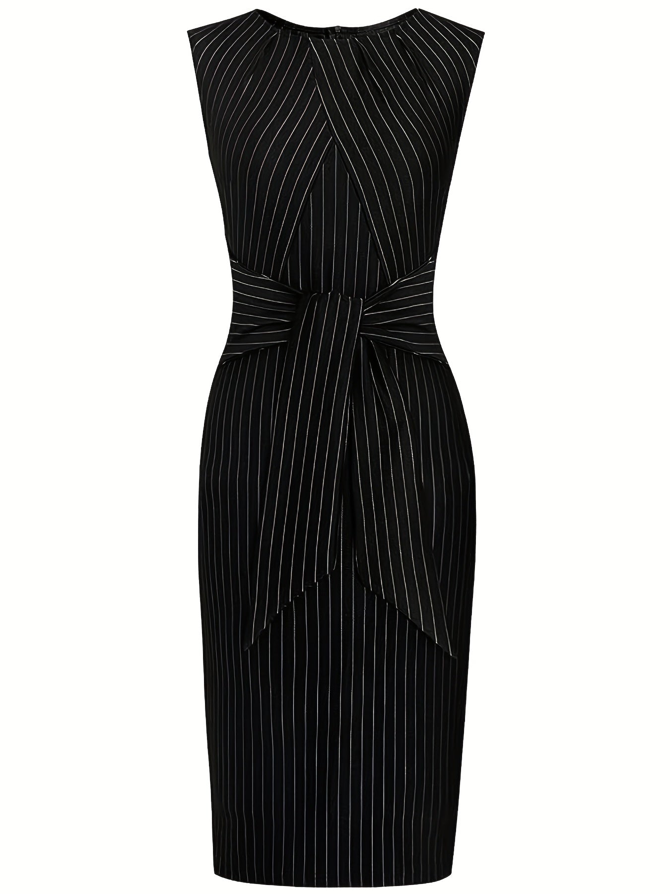 Stripe Print Crew Neck Tie Waist Dress, Casual Sleeveless Bodycon Dress, Women's Clothing