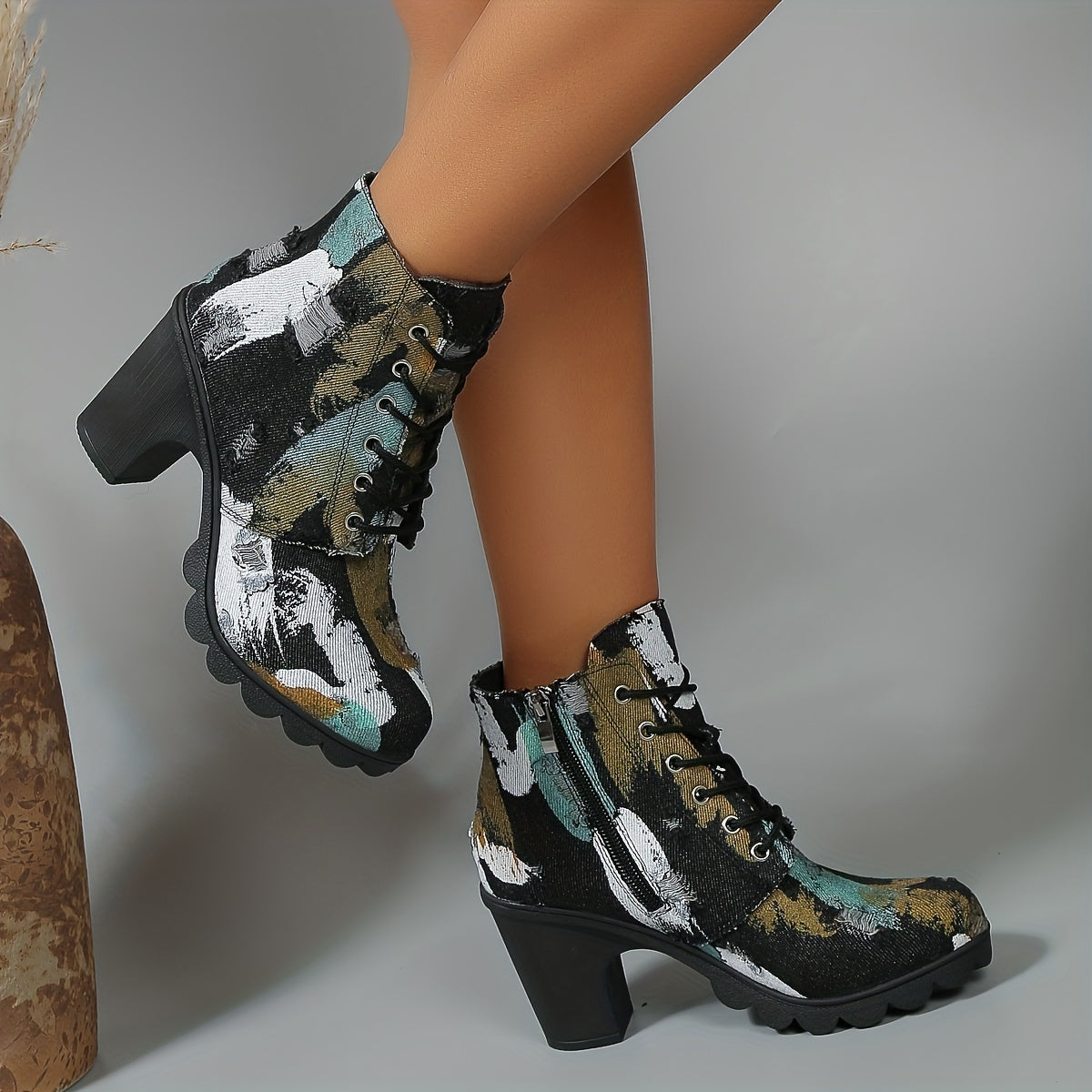 Women's Patchwork Boots, Lace Up Platform Side Zipper Chunky Heels, Round Toe Versatile Boots