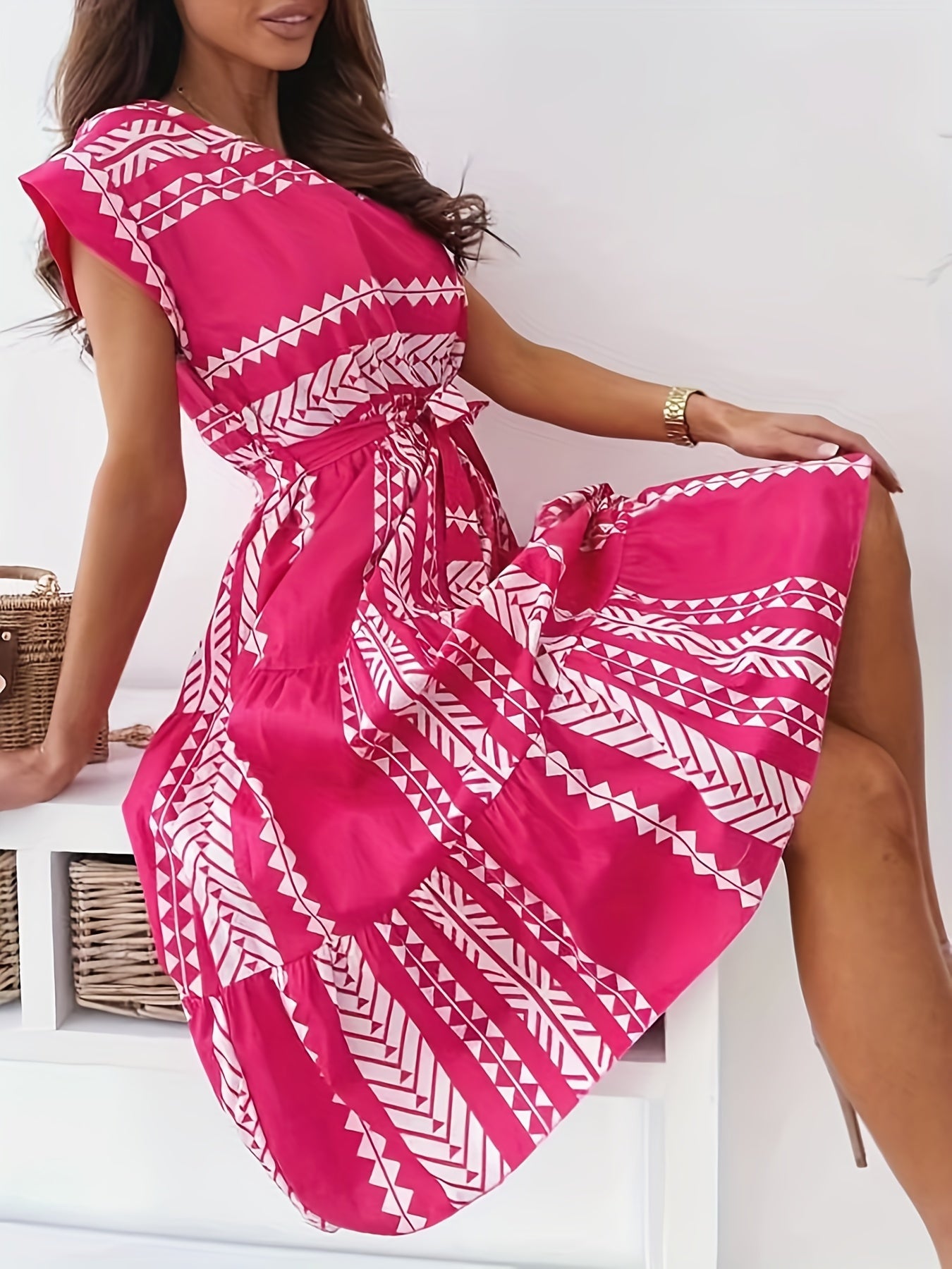 Ethnic Print Cap Sleeve Dress, Vacation Crew Neck Midi Dress, Women's Clothing