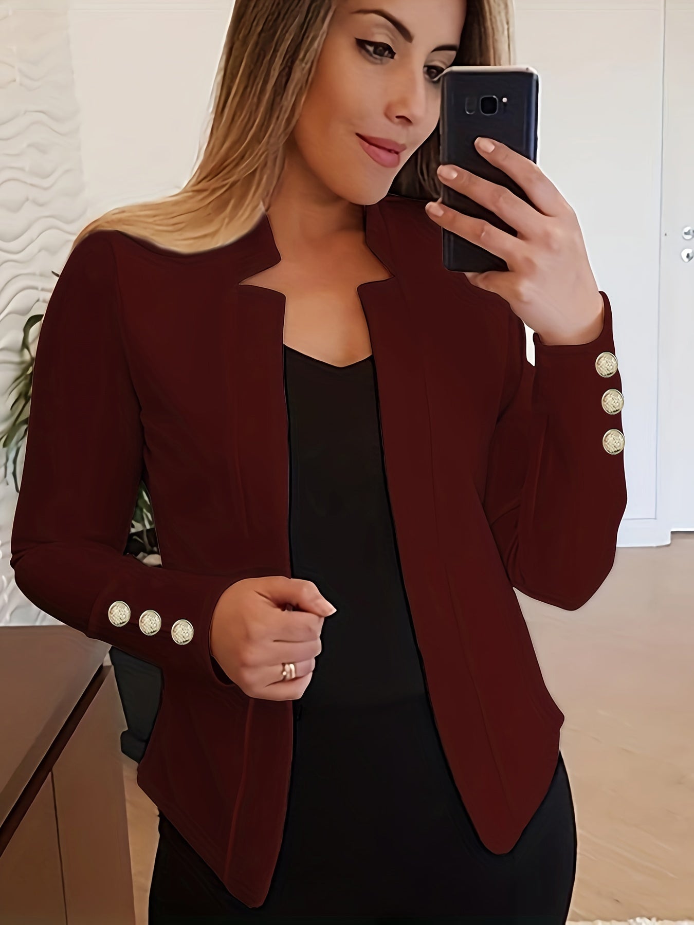 Long Sleeve Solid Color Casual Blazer - Button Front, Micro Elasticity, Polyester Fabric, Loose Fit, Regular Length - Perfect for Office & Work, Womens Clothing