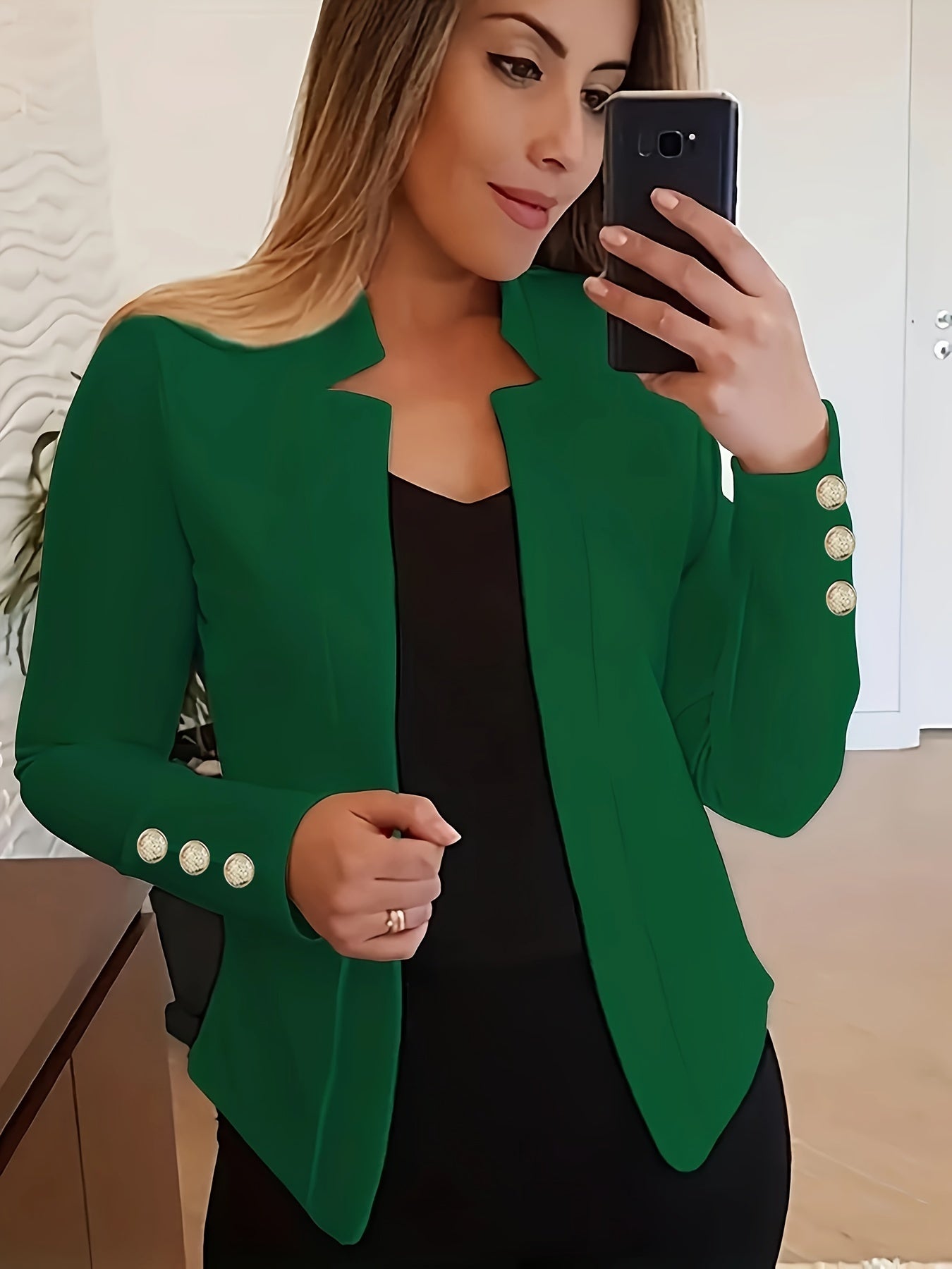 Solid Open Front Button Decor Blazer, Elegant Long Sleeve Blazer For Office & Work, Women's Clothing