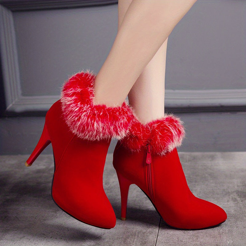 Women's Fluffy Stiletto Ankle Boots, Sexy Plush Lined Thermal Thin High Heels, Christmas Style Side Zipper Short Boots