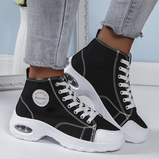 Women's High-Top Canvas Sneakers, Breathable Comfortable Chunky Shoes, Versatile Lace Up Platform Shoes