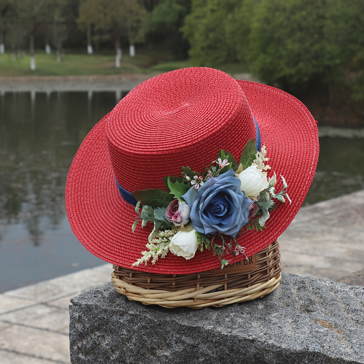 Handmade Flower Straw Hat Solid Color Elegant Beach Sunscreen Hat Small Top Hats Easter For Women