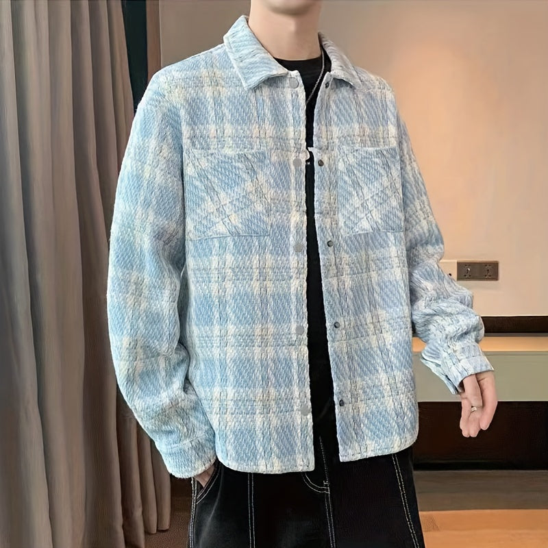 Men's Vintage Plaid Loose Shirt With Chest Pockets, Casual Lapel Button Up Long Sleeve Loose Shirt For Spring Fall K-pop